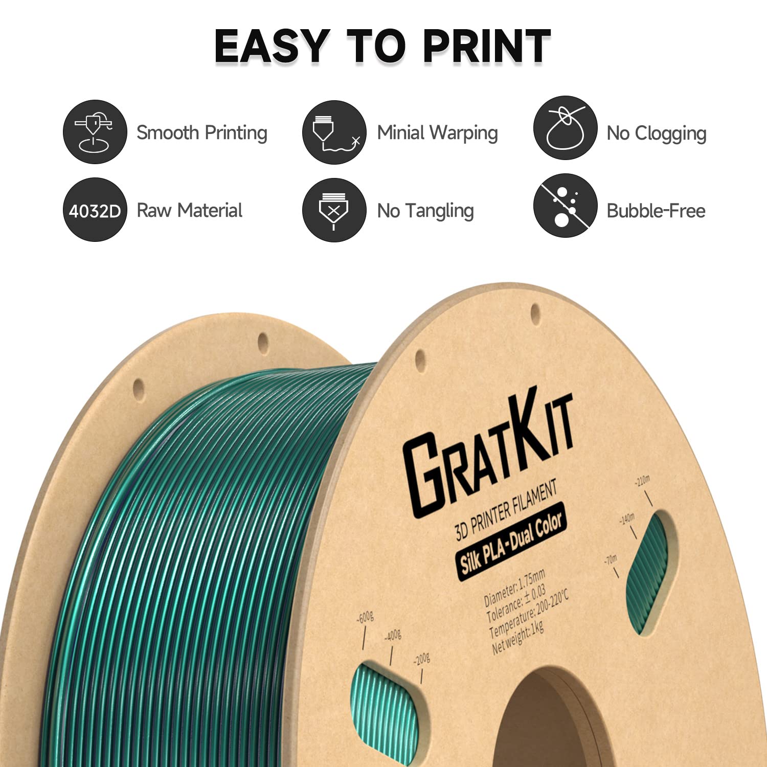 Gratkit Silk Dual Color Pla Filament, Coextrusion Pla Filament 1.75Mm, +/-0.03Mm, 1Kg/Roll, Silk Pla Black & Green