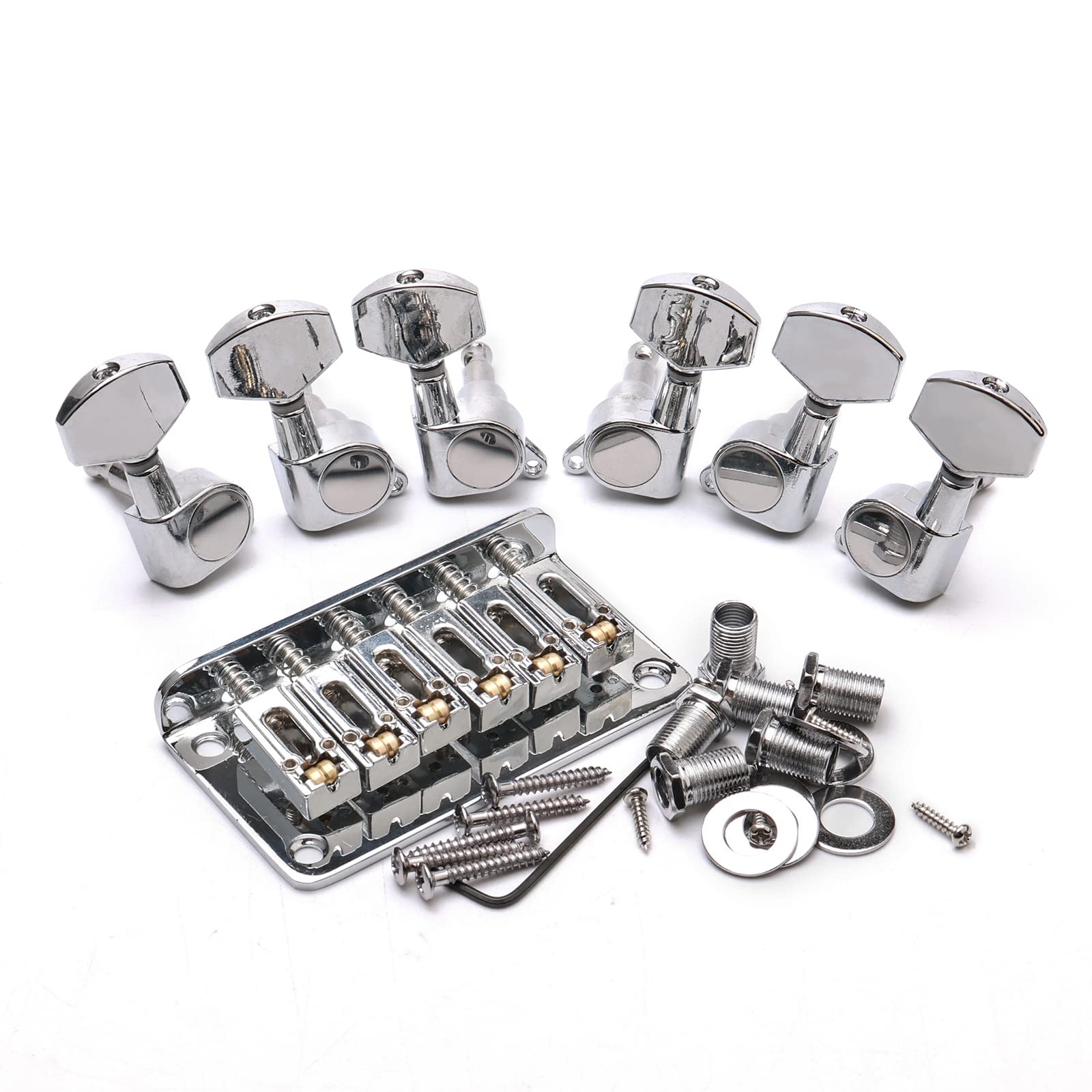 Unxuey Electric Guitar Bridge With 3R+3L String Tuning Key Pegs For 6 String Strat/Tele Style Electric Guitar, Silver, Length 78