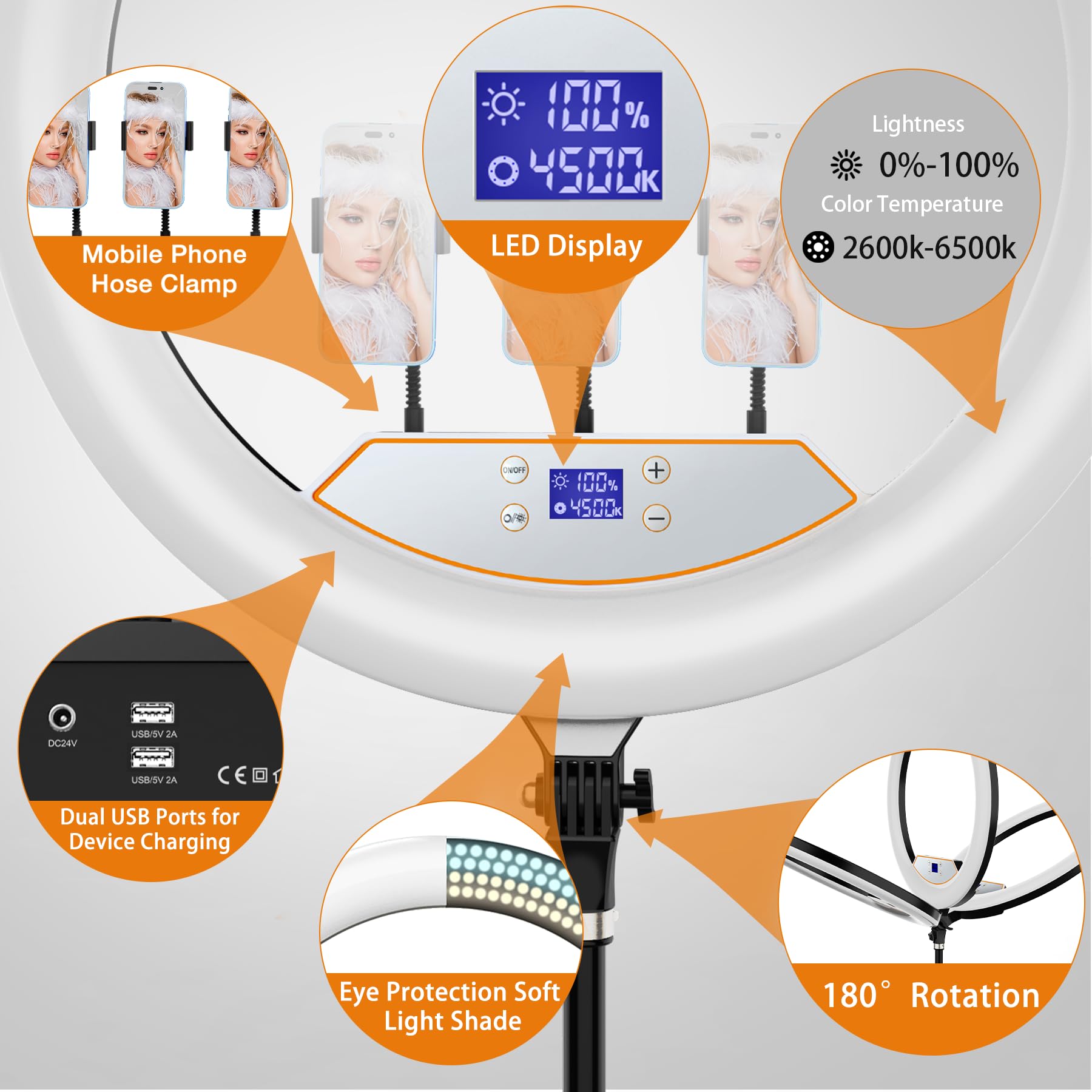 22'' Led Ring Light With Stand 75'' Tripod For Iphone,Lcd Display/3+1 Phone Clips/ 2 Usb Ports/Wireless Remote, Adjustable 2600K