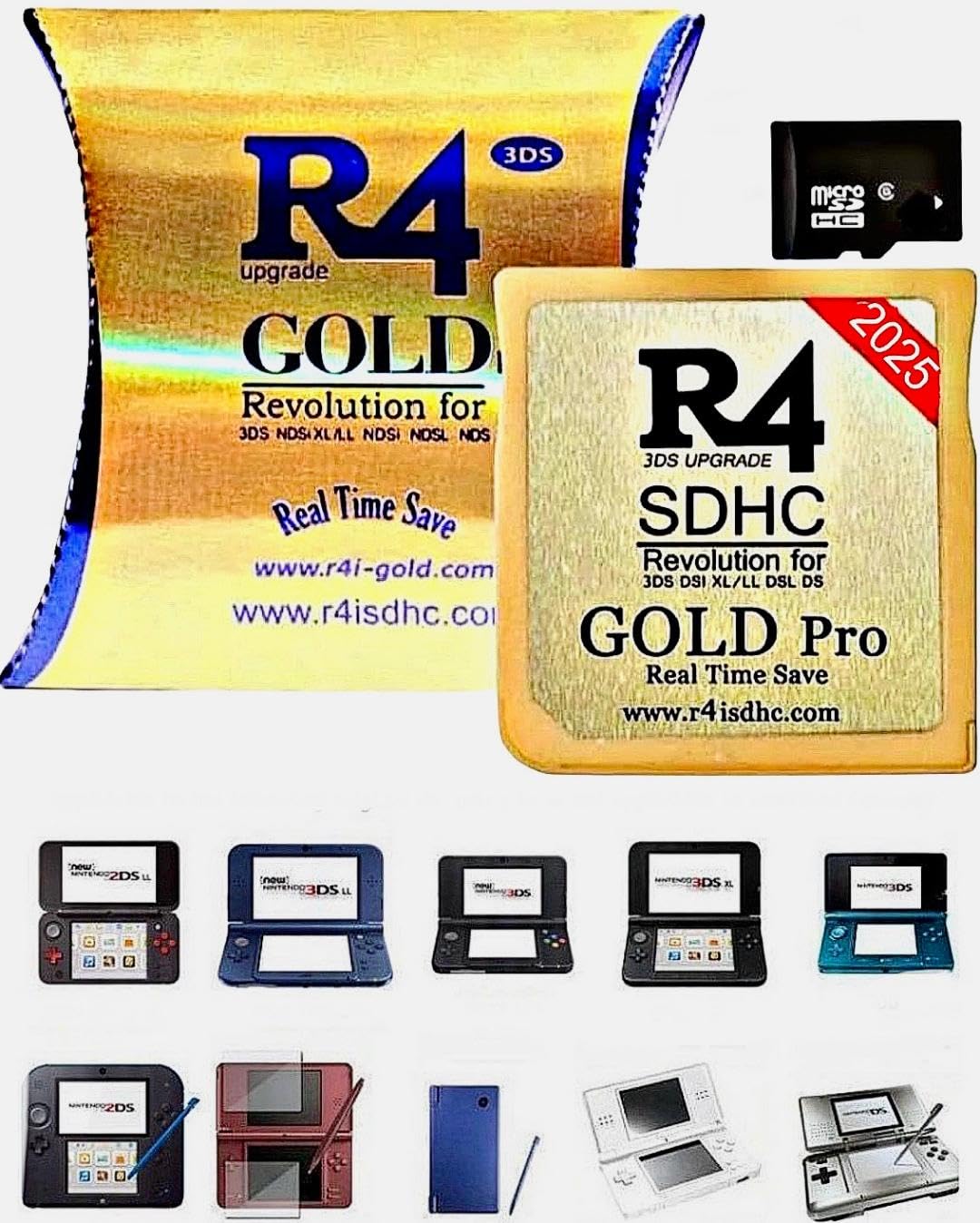 R4 Sdhc Gold Pro Adapter With 32 Gb Micro Sd With Ys Menu With 500 In 1 Will Work On Ds Dsi Dsixl 2Ds 2Dsxl 3Ds 3Dsxl