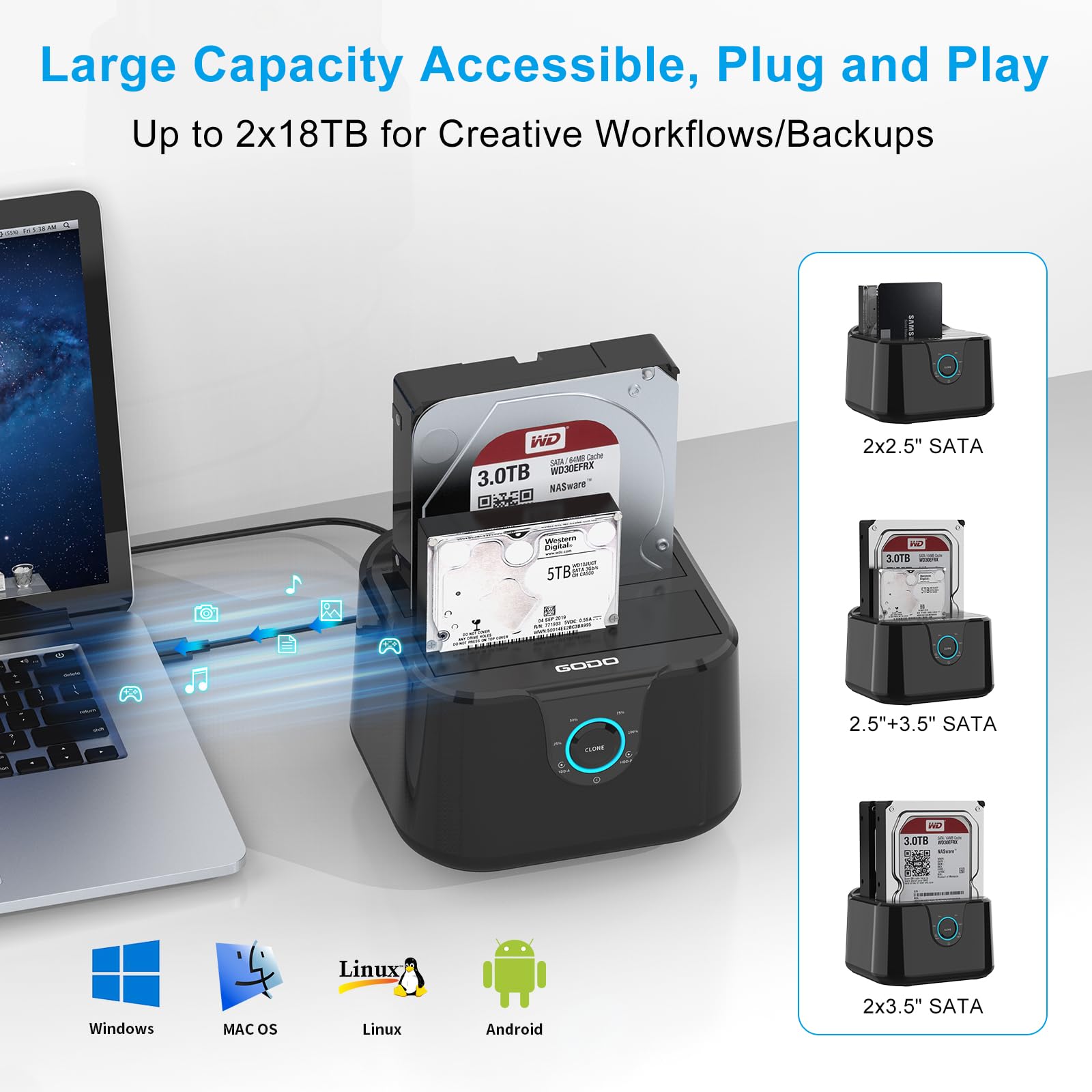 Godo Usb 3.0 To Sata Iii Mini Dual Bay External Hard Drive Docking Station For 2.5/3.5 Inch Hdd Ssd,Support Offline Clone,Hot Pl