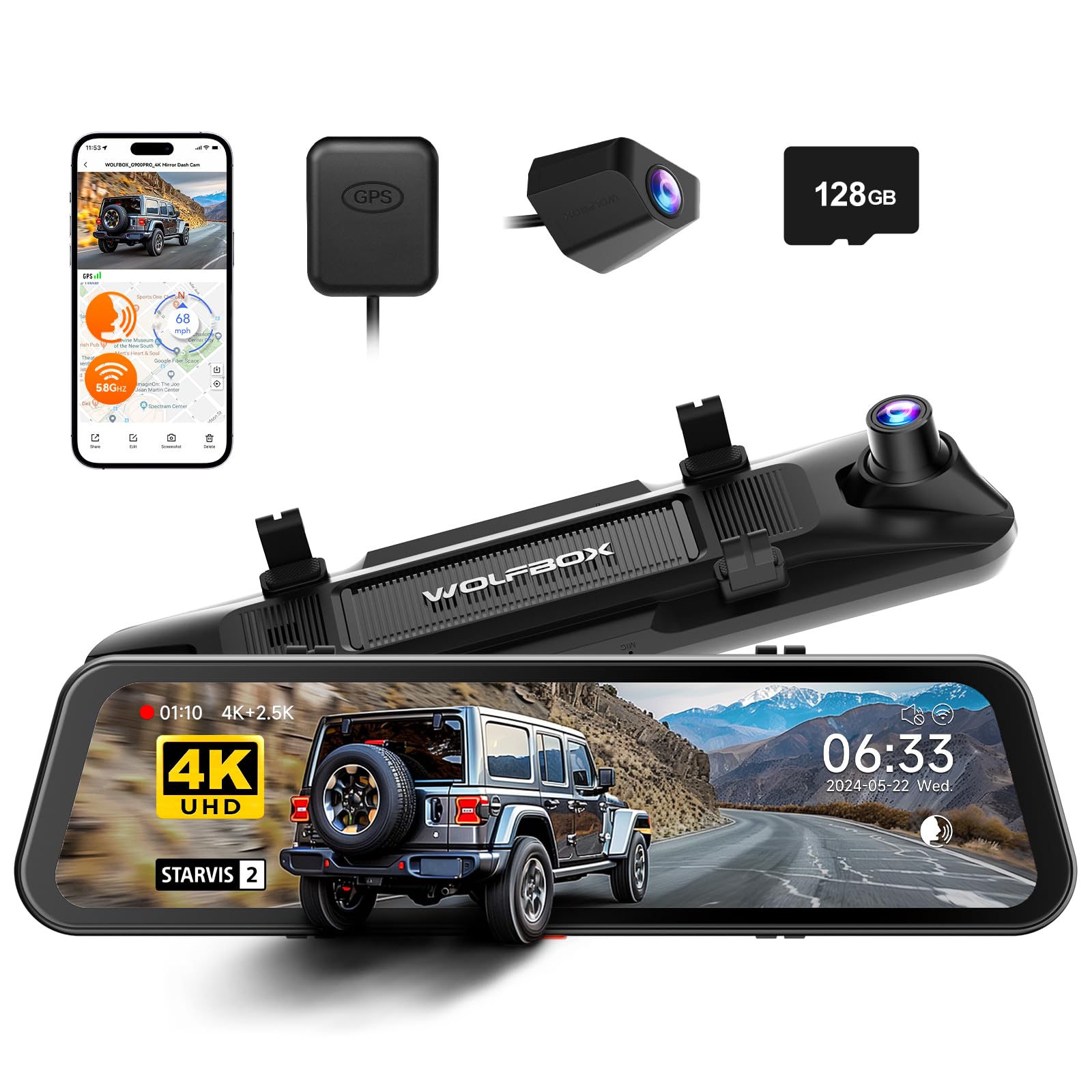 Wolfbox G900 Pro Mirror Dash Cam With Starvis 2 Imx678, 12 Inches Rear View Mirror Camera With Front 4K And Rear 2.5K, Included