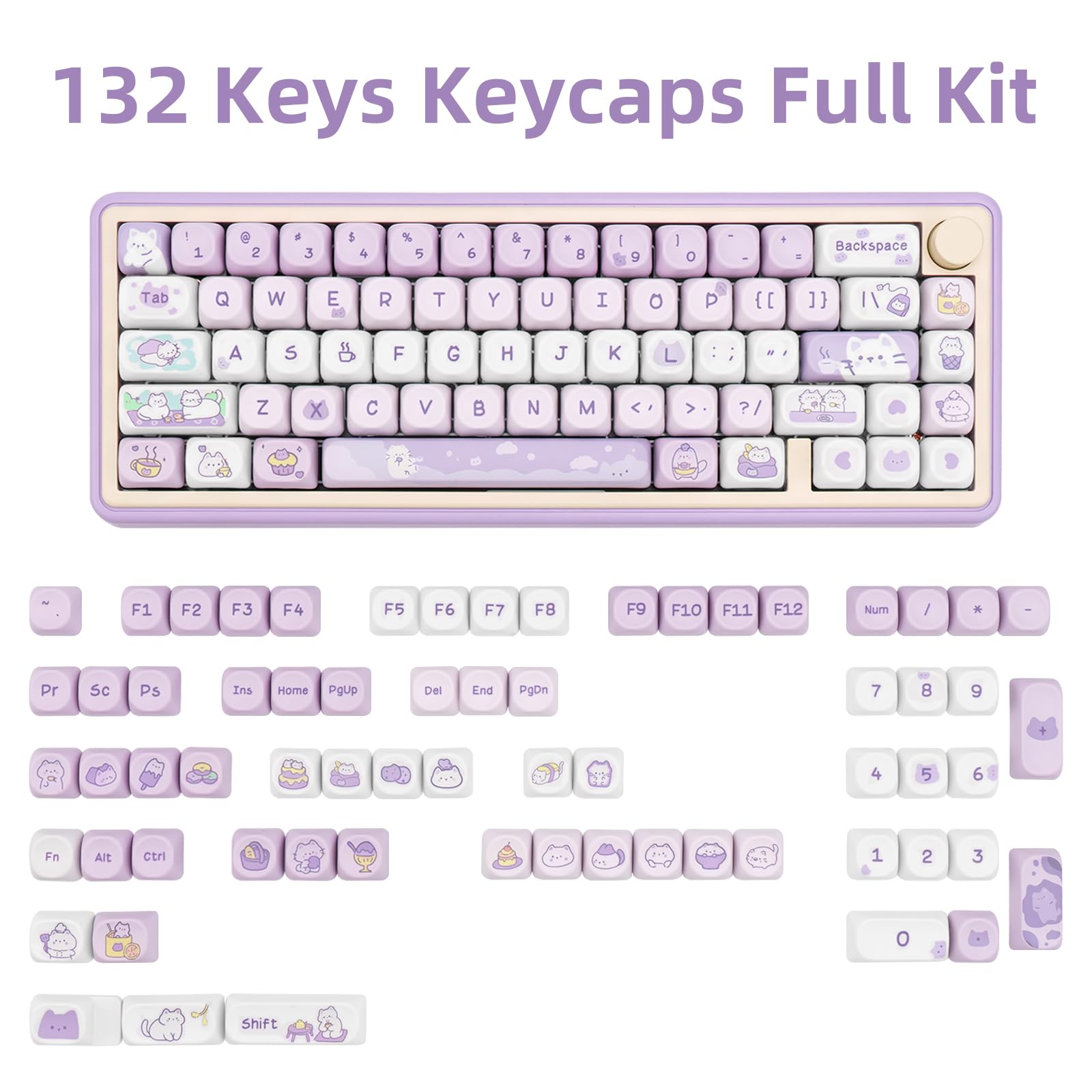 Coomickey Pbt Keycaps, Moa Profile Keycaps 132 Keys Dye Sublimation Purple Cute Cat Customized Keycaps For Ansi Layout Cherry Mx