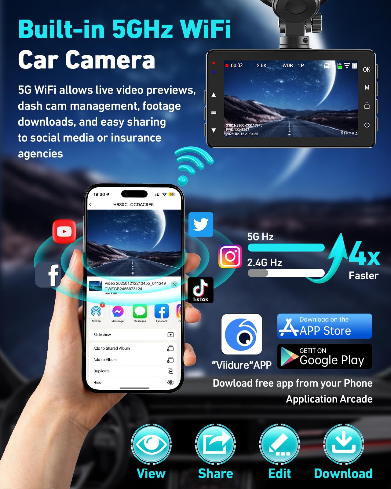 Dash Cam Front And Rear, 2.5K Dual Dash Camera For Cars W/ 64Gb Card,3  Ips Screen Dash Cam Built-In 5G Wifi, Car Camera With G-