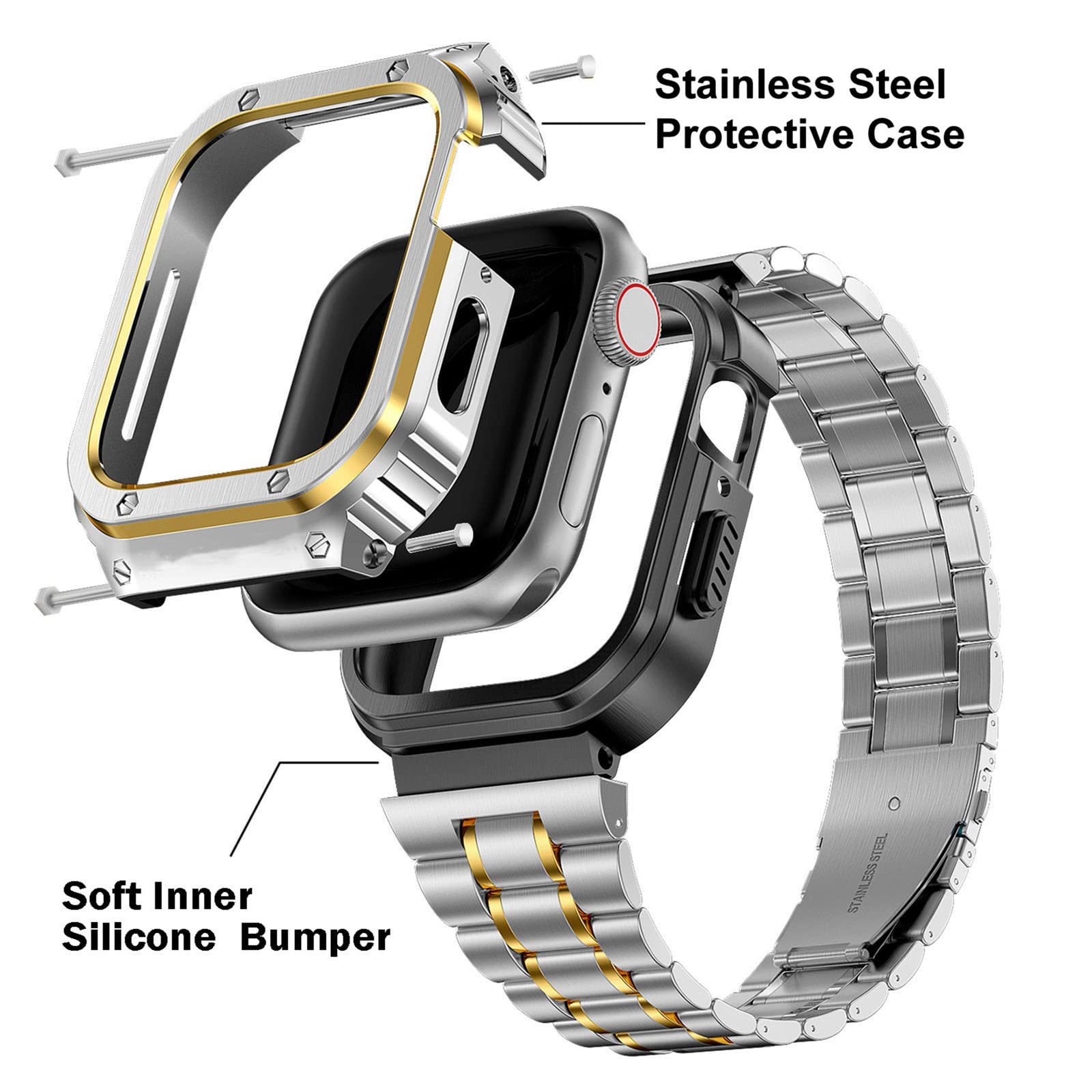 Haslfm Stainless Steel Watch Band With Case Compatible With Apple Watch Series 9/8/7/6/5/4/Se/3/2/1(41Mm/40Mm/38Mm),Metal Strap
