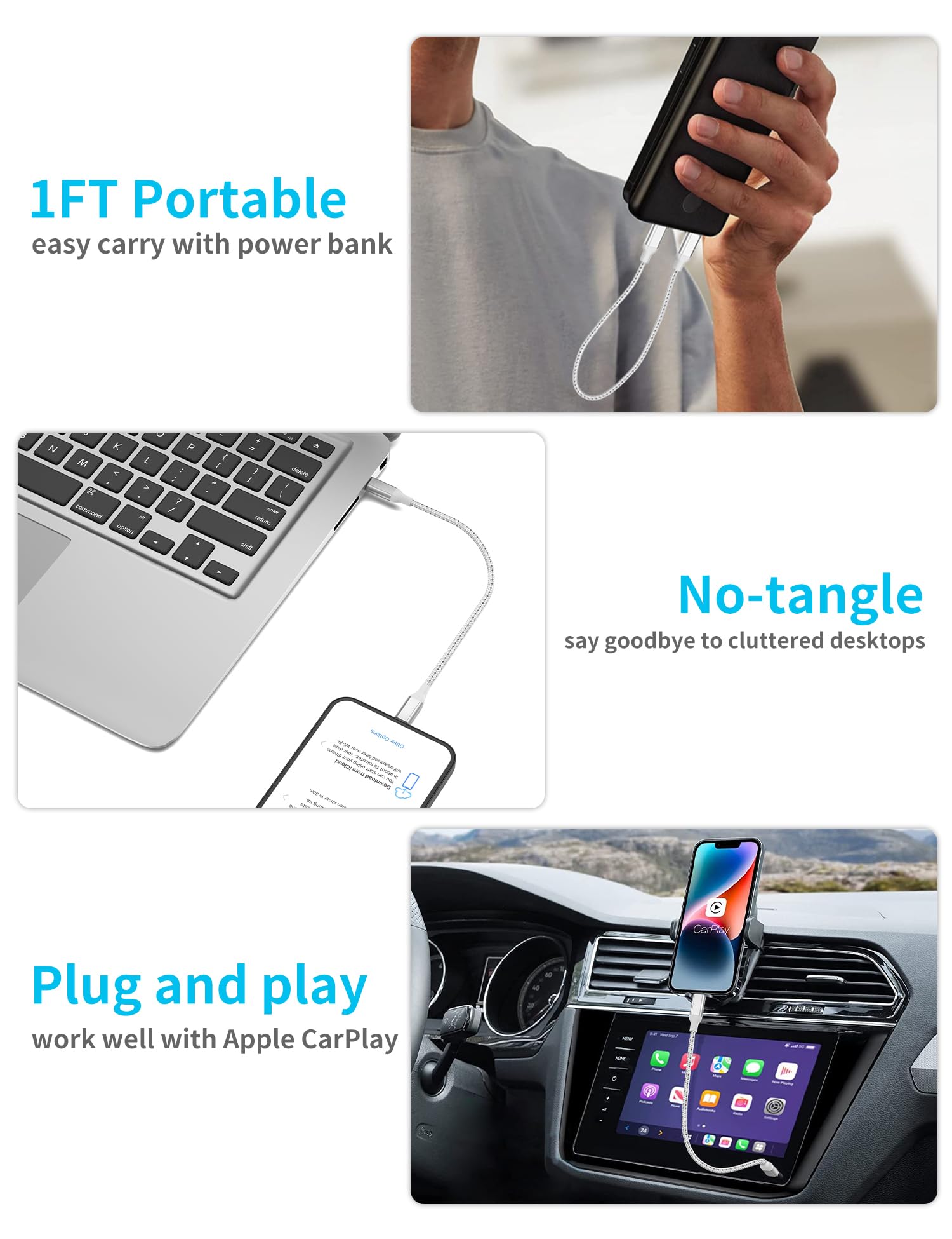 1Ft Usb C To Lightning Cable Short, [Apple Mfi Certified] 2Pack Usb C Iphone Charger Pd Fast Charging, 12Inch Nylon Braided Type