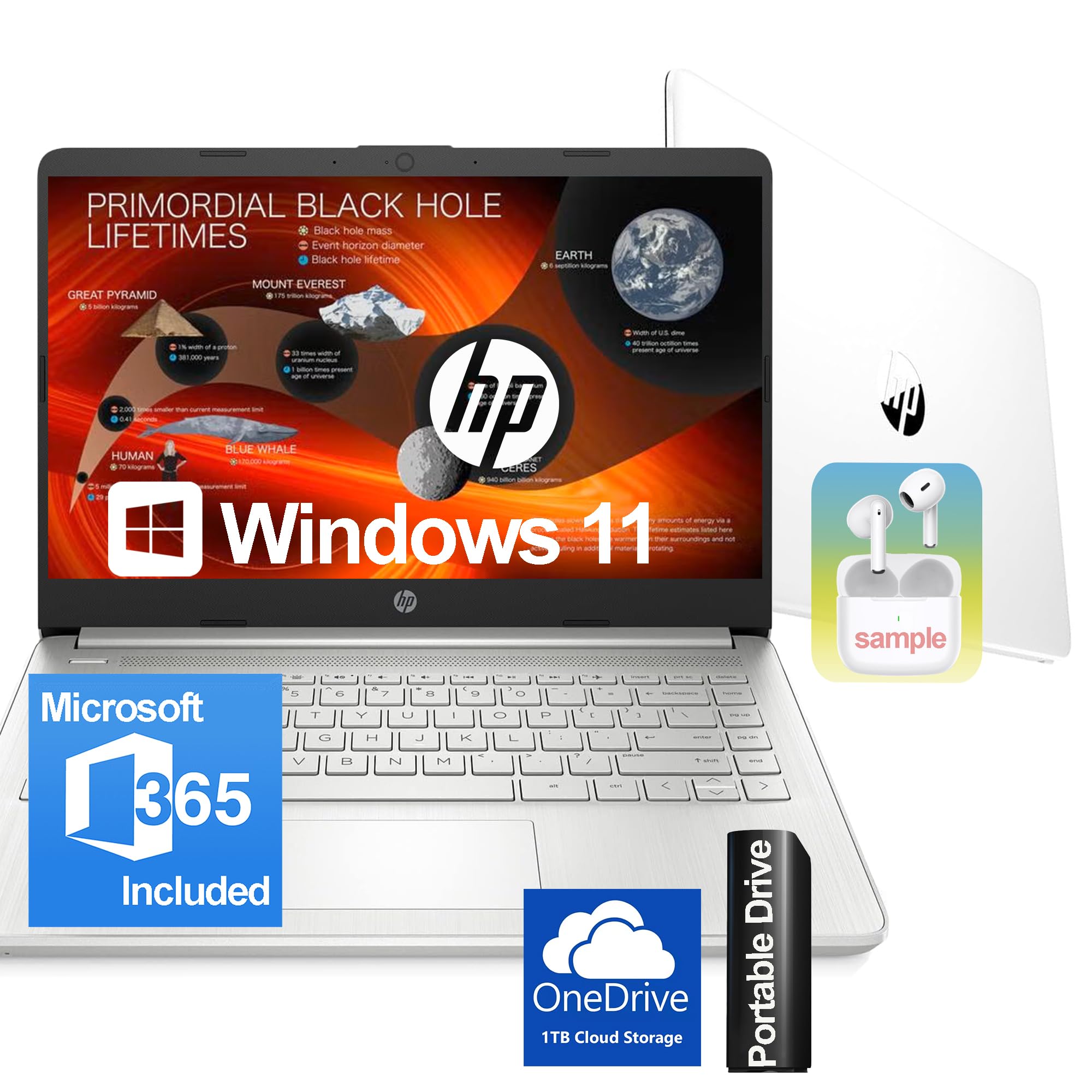 Hp 14 Inch Laptop With Microsoft 365 & Wireless Earbuds Ultralight & Compact Intel 4 Core Processor 8Gb Ram 128Gb External & 64G