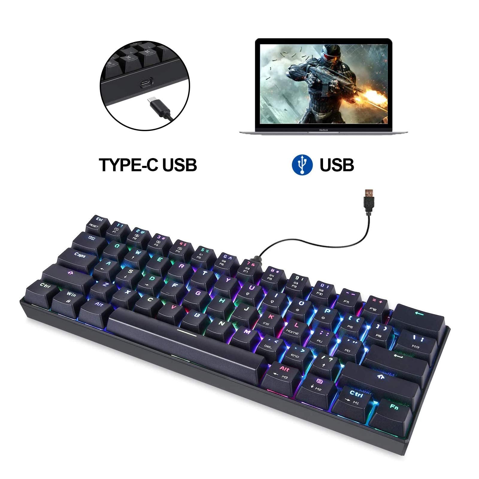 Motospeed 60% Mechanical Keyboard Portable 61 Keys Rgb Led Backlit Type C Usb Wired Office/Gaming Keyboard For Mac, Android, Win