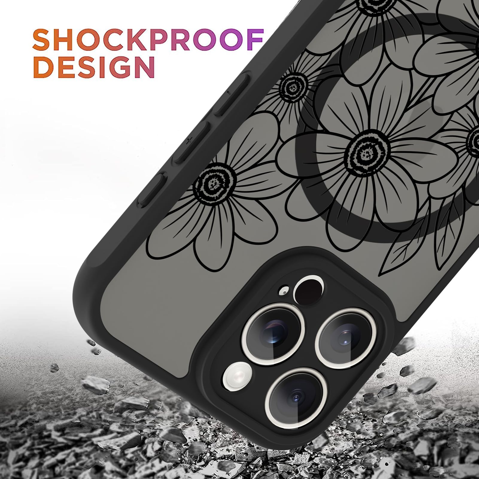 Ook Magnetic For Iphone 16 Pro Case Black Flower Sunflower Pattern [Compatible With Magsafe] Slim Translucent Matte Camera Lens