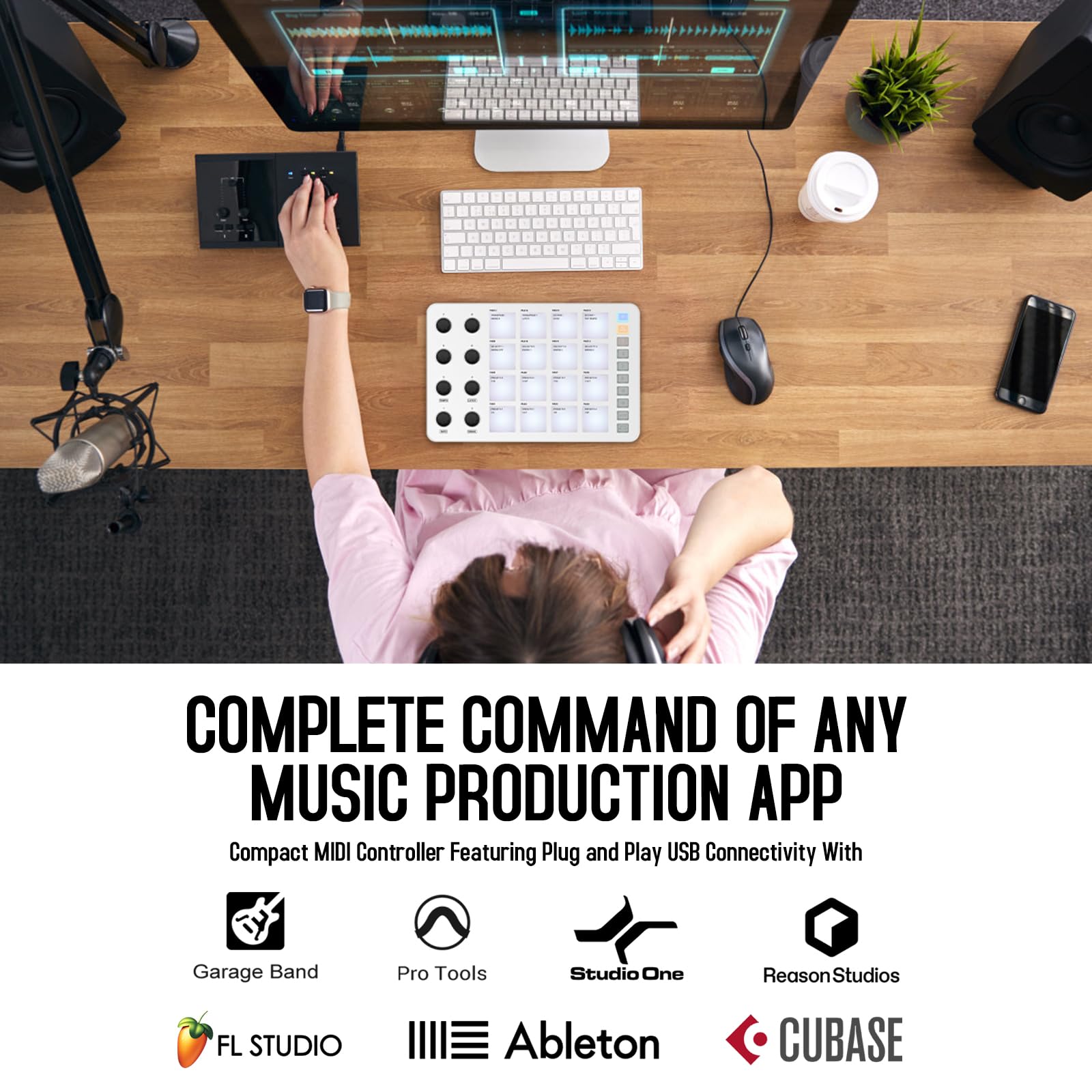 M Wave Wireless Midi Controller Pads, Bluetooth Portable Usb Midi Controller With 16 Mpc Drum Pads, 8 Assignable Knobs, Note Rep