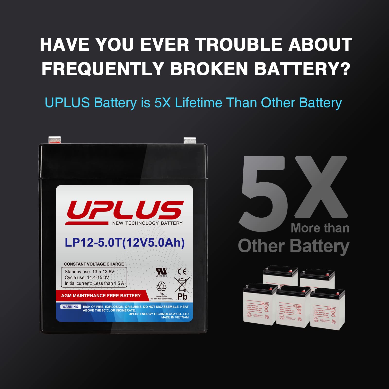 Uplus 12V 5Ah Rechargeable Sealed Lead Acid Battery - Djw12-5.0T Replaces Home Alarm Battery Compatible With F1 F2 Terminals For