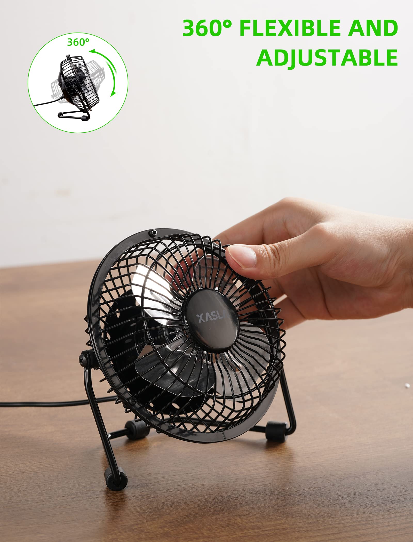 Xasla 4 Inch Small Usb Desk Fan, Mini Quiet Fan With Metal Construction & Strong Airflow & 360Adjustable Tilt Angle, Personal Co