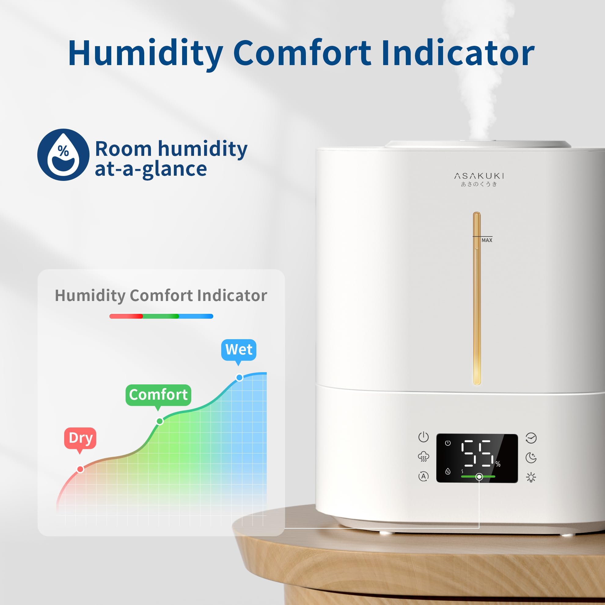 Asakuki Humidifiers For Bedroom Home, 4L Top Fill Ultrasonic Cool Mist Humidifiers For Baby Nursery & Plants Indoor, Adjustable