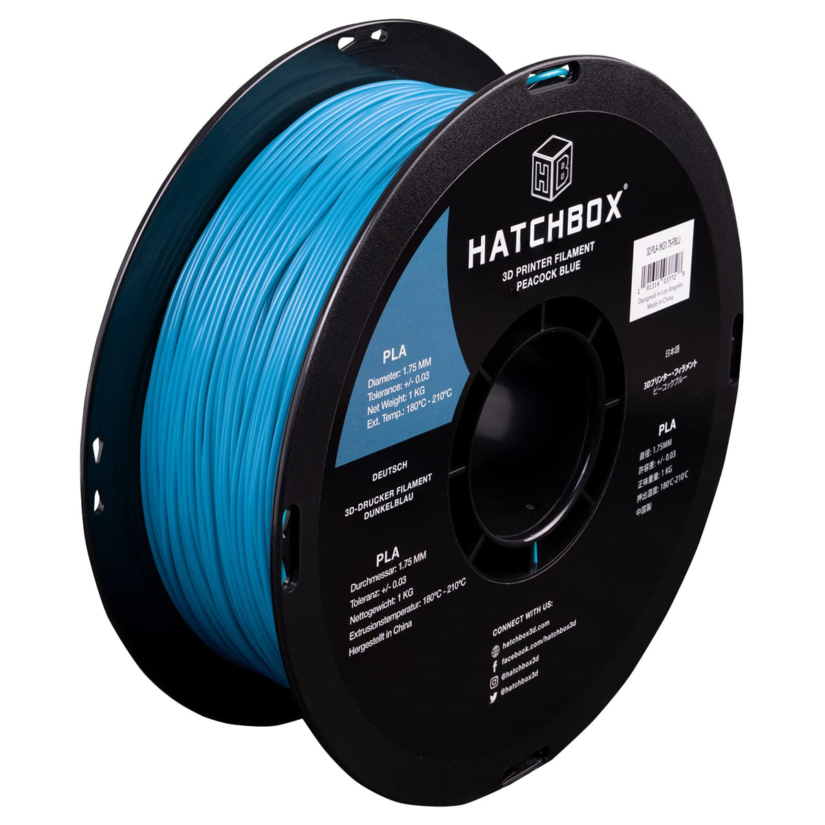 HATCHBOX 1.75mm Peacock Blue PLA 3D Printer Filament, 1 KG Spool, Dime ...