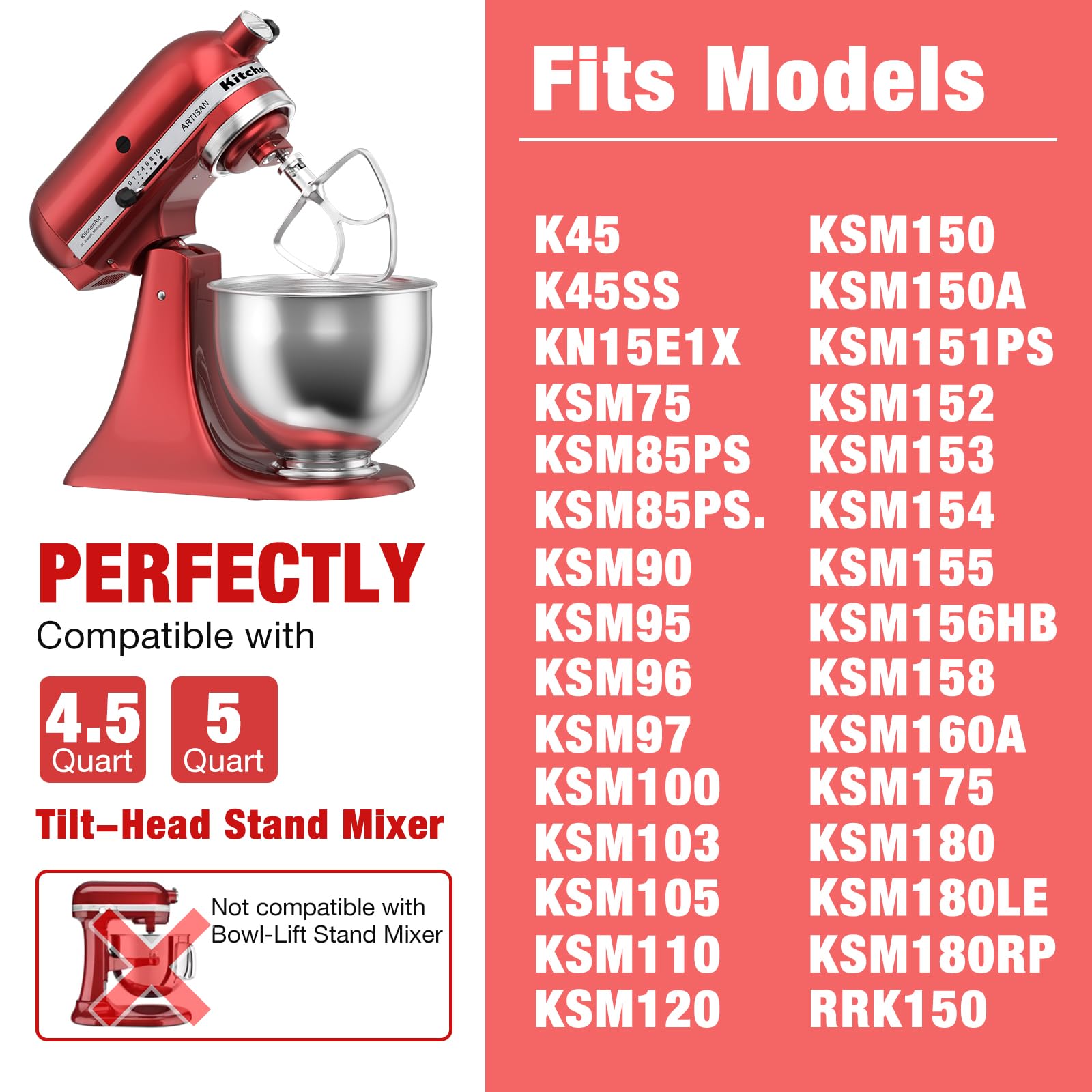 Stainless Steel Stand Mixer Attachments 3 Piece (4.5 5Qt Flat Beater, 4.5 5Qt Dough Hook, K45Ww 6 Wire Whip Attachment) For Kitc