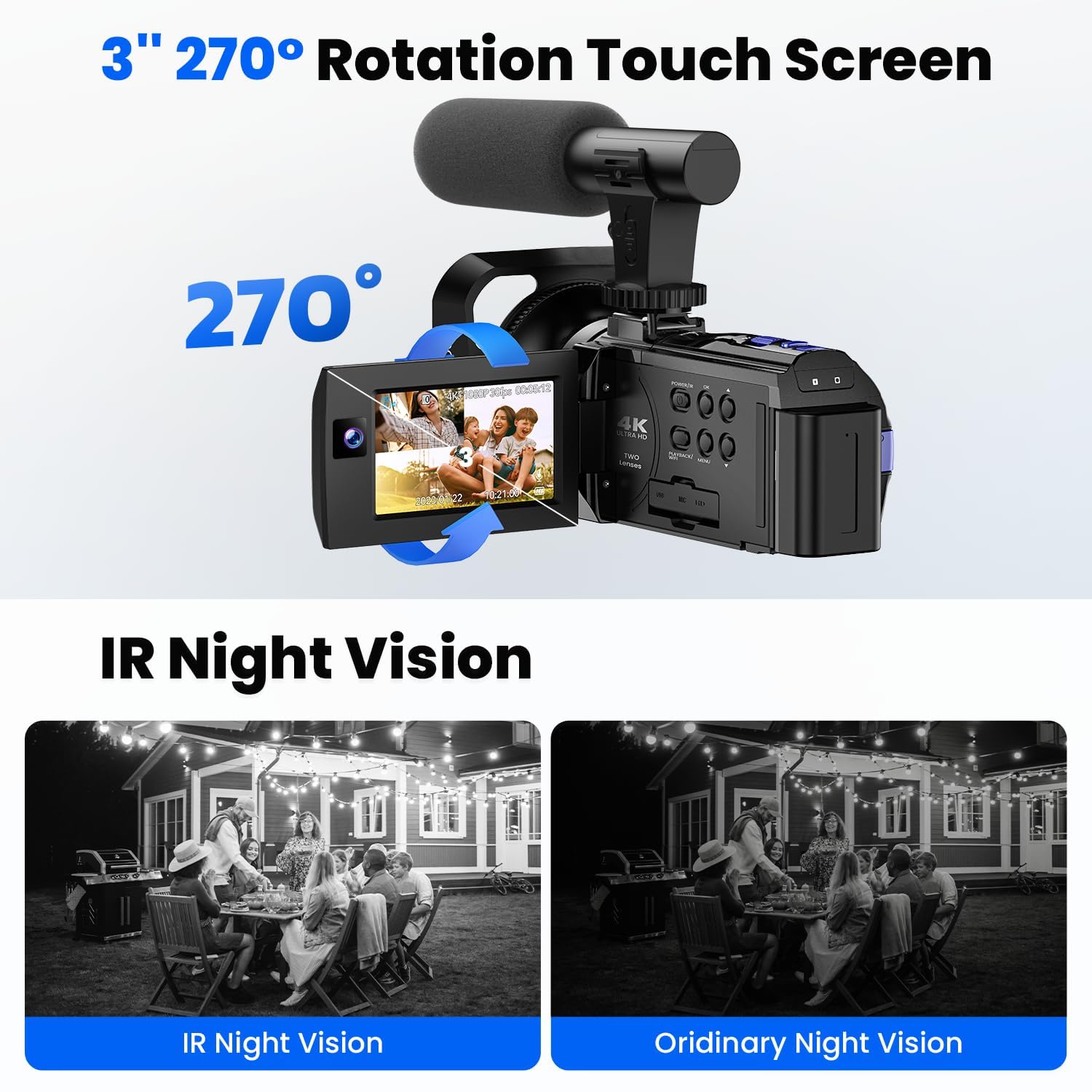 Camcorder Video Camera 5K, Dual Lens Vlogging Camera For Youtube, 3    270 Rotatable Touchscreen Wifi 56Mp Night Vision Cam Cord