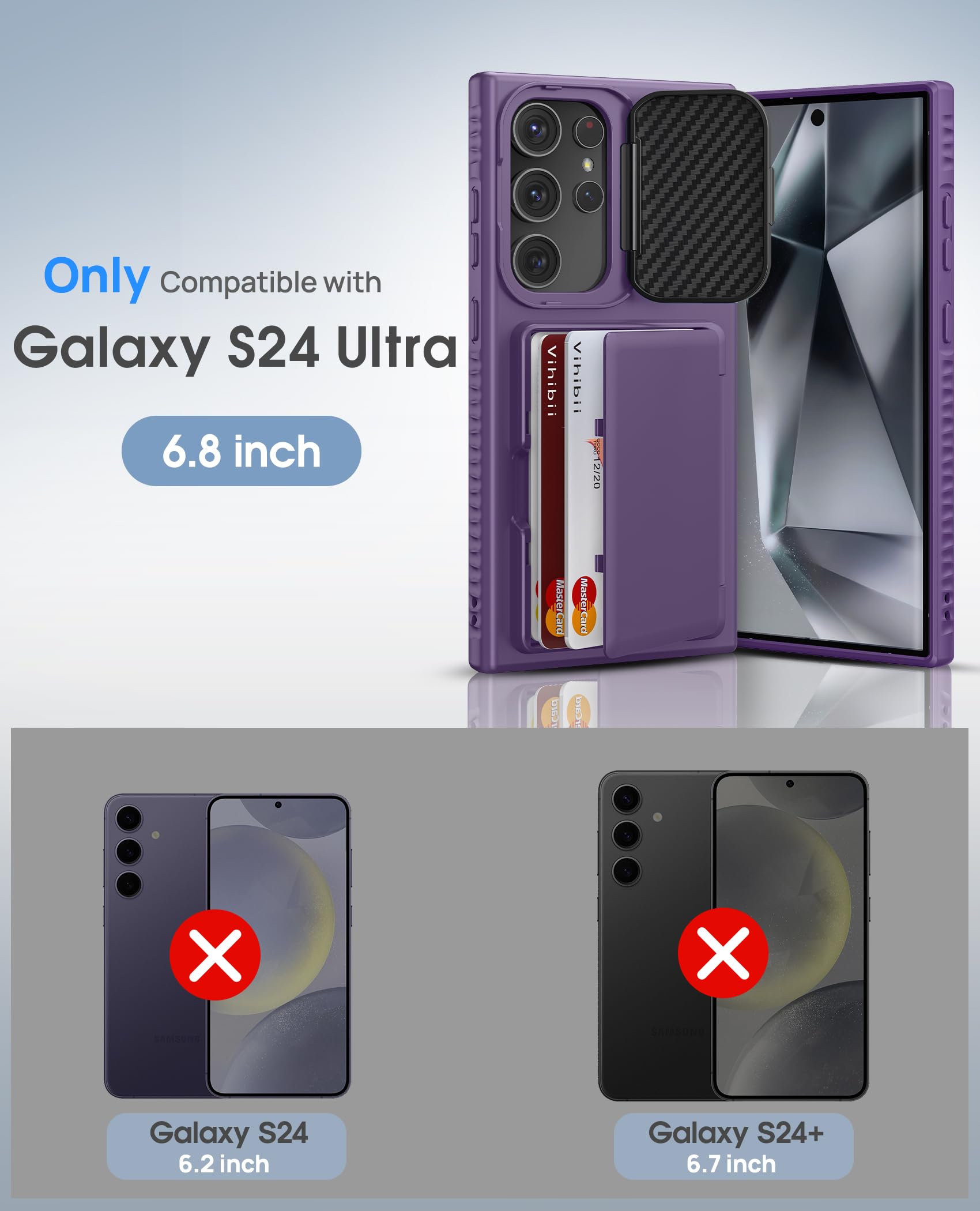 Vihibii For Samsung Galaxy S24 Ultra Case With Card Holder (4 Cards) & Kickstand & Camera Lens Cover, Heavy Duty Hard Back Soft