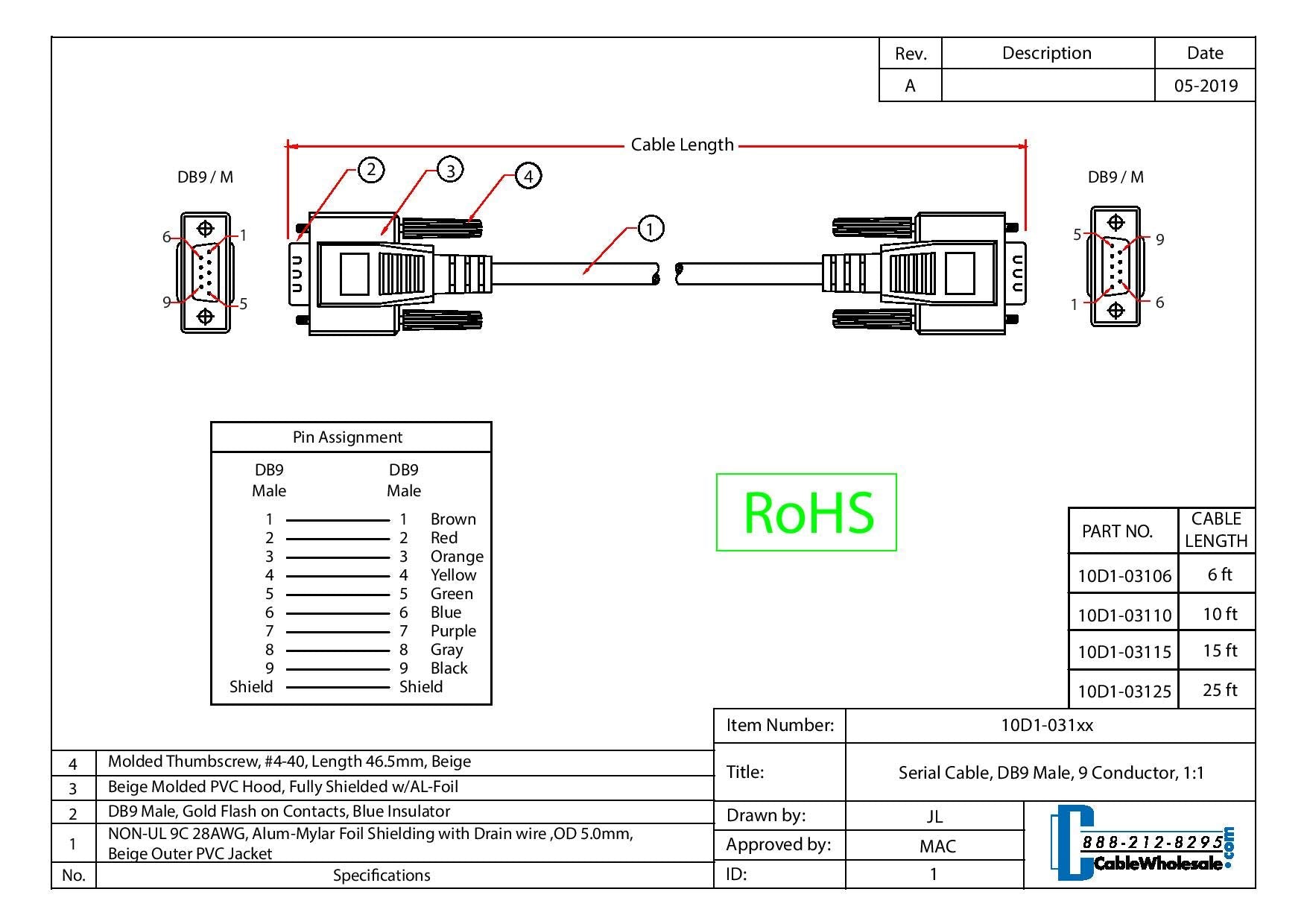 Cablewholesale 15 Feet Serial Cable, Db9 Male To Male, 28 Awg, 9 Conductor, 1:1, Beige, Rs 232 For Printer, Modems, Networks, Ul