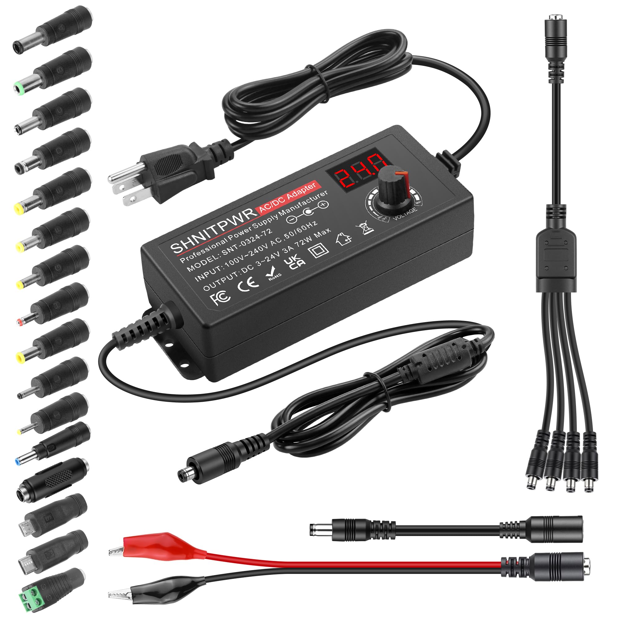 SHNITPWR Universal Power Supply Adjustable 3.5V~24V 3A 72W Variable 3.5V 5V 9V 12V 18V 20V 24V AC/DC Adapter, 100V240V AC to DC