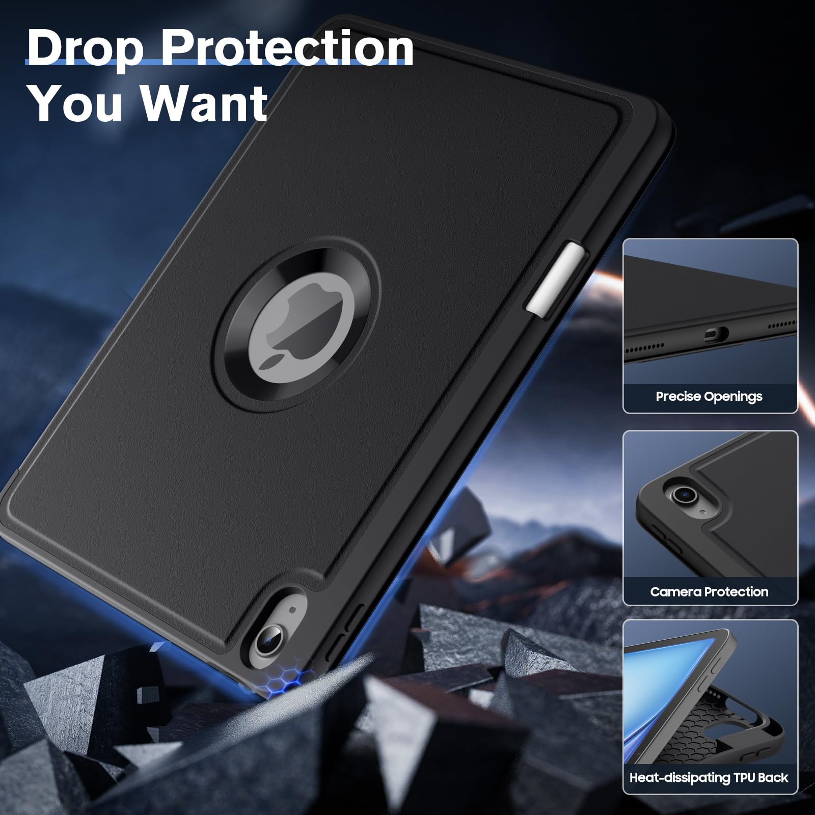 MoKo for iPad Air 11 Inch Case (M2) 2024, iPad Air 6th Generation Case/iPad Air 5th/4th Gen 2022/2020 with Pencil Holder, Smart Trifold Protective iPad Case, Hollow Logo/Auto Wake/Sleep, Black