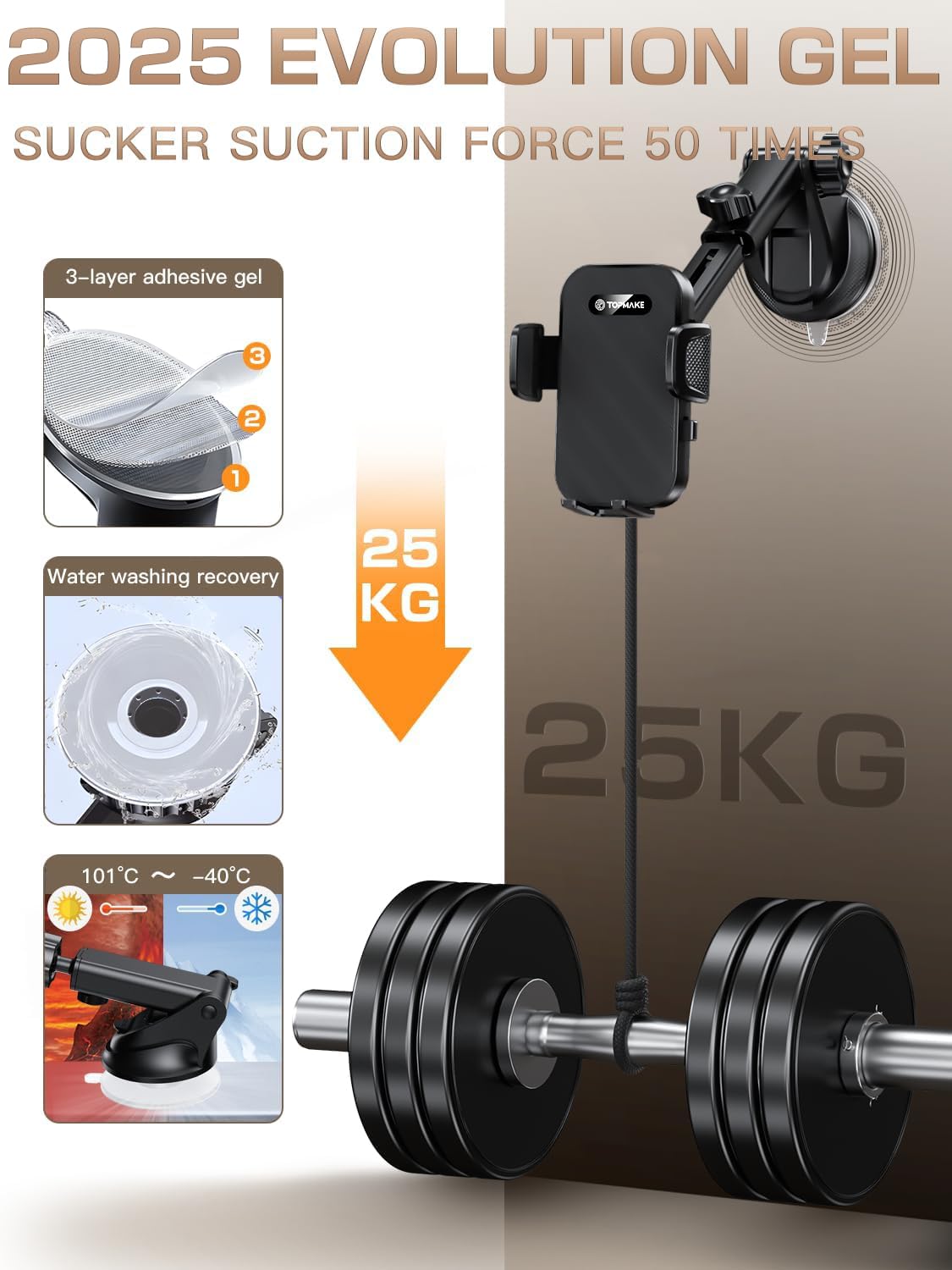 Topmake Car Phone Holder Mount,?2025 Upgrade? 3-In-1 Cell Phone Holder For Car, Dashboard Windshield, Suction Cup Hands-Free Car