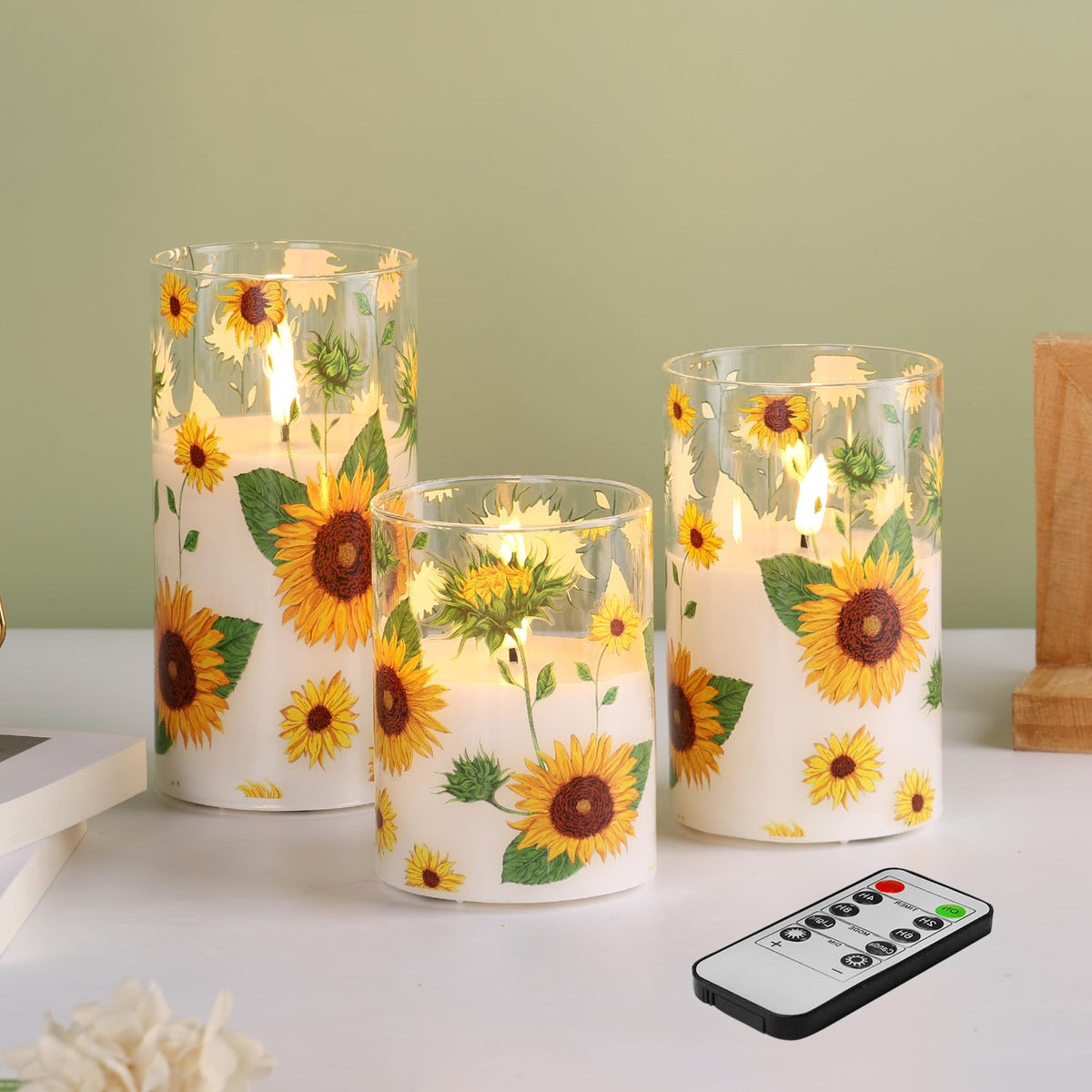 Eywamage Sunflower Flameless Candles In Glass Jars, Flickering Battery Led Pillar Candles With Remote Set Of 3