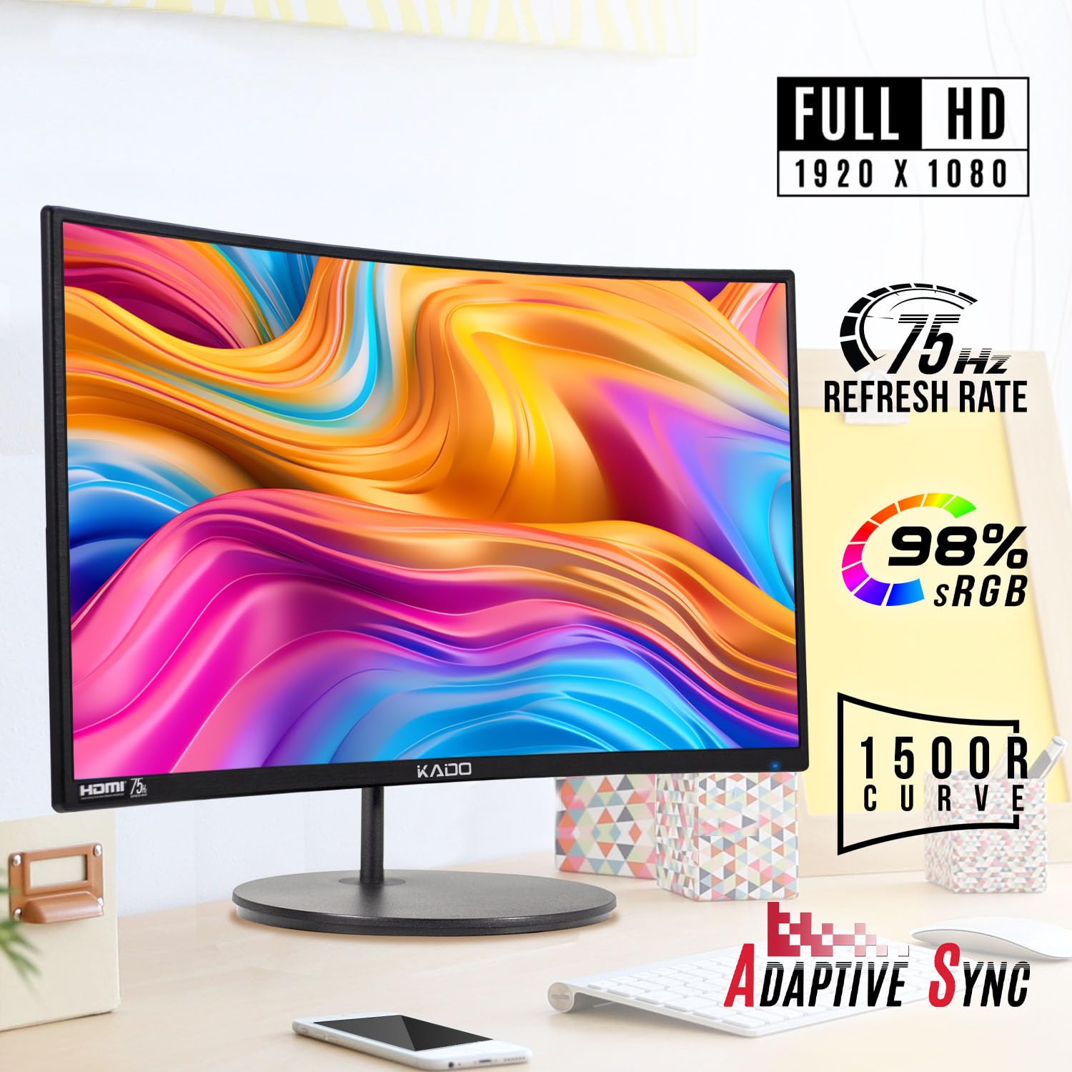 Kado Dual Monitor Setup - 2-Pack 24 Curved 1920X1080 Computer Monitor 1500R 75Hz Vesa Mount Hdmi Office Gaming Hybrid Built-In S