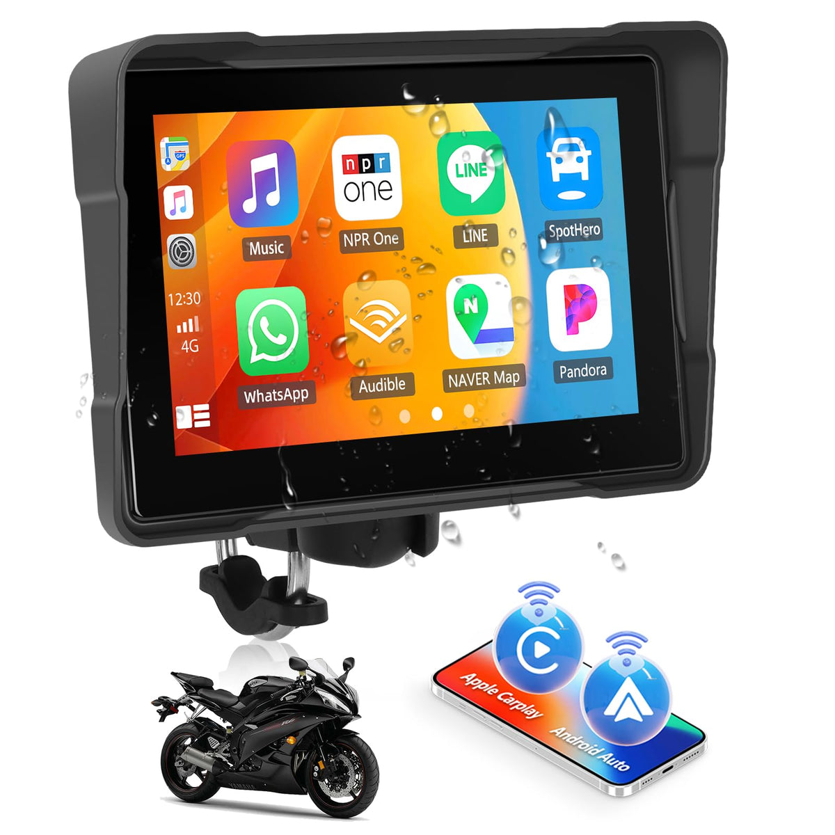 Camecho Motorcycle Carplay Screen, Wireless Android Auto Screen For Motorbike, 5'' Waterproof Touch Screen Car Play Portable Car