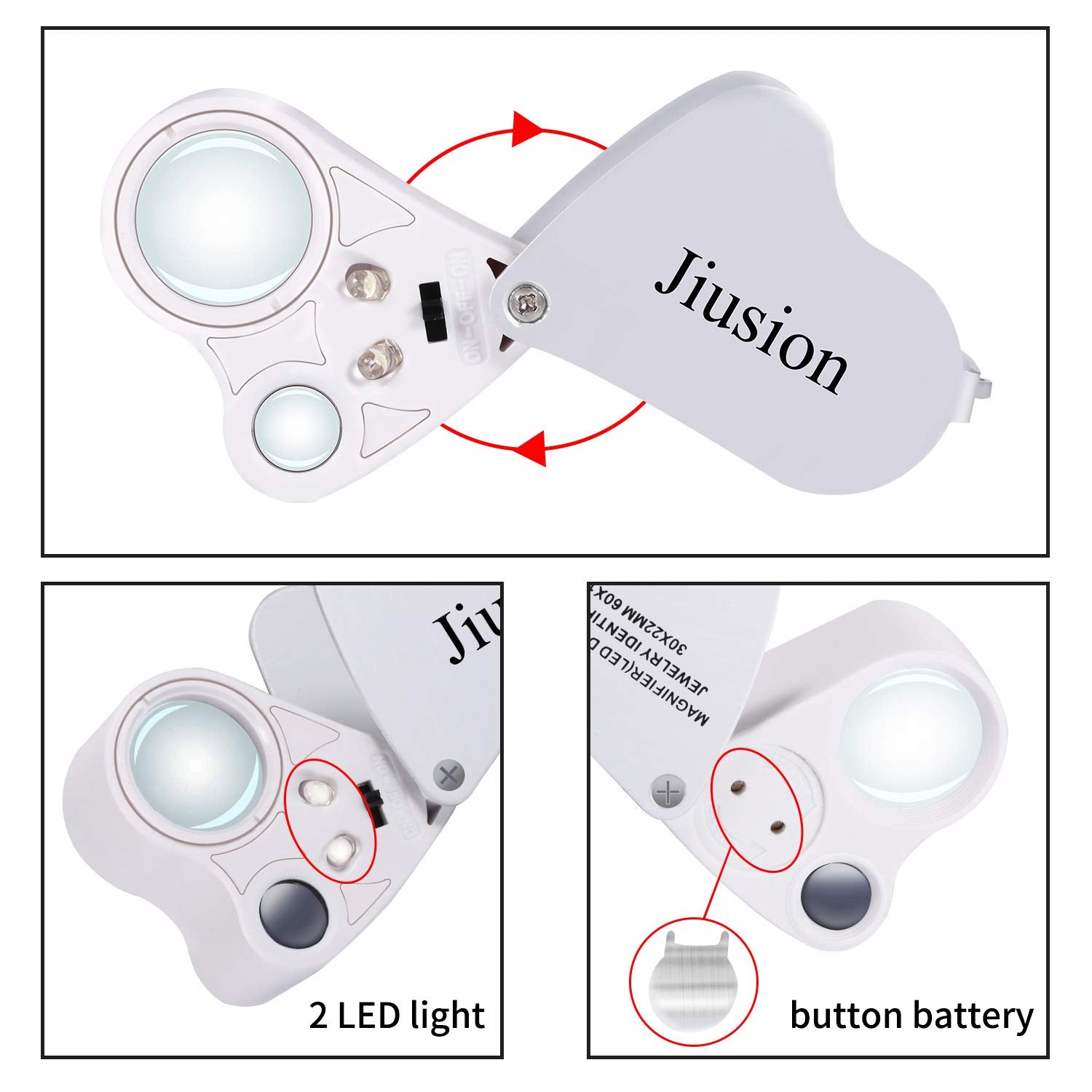Jiusion Portable Lighted Led Illuminated Jewelry Magnifier 30X 60X Wearable Handheld Dual Lens Eye Loupe Magnifying Glasses Micr