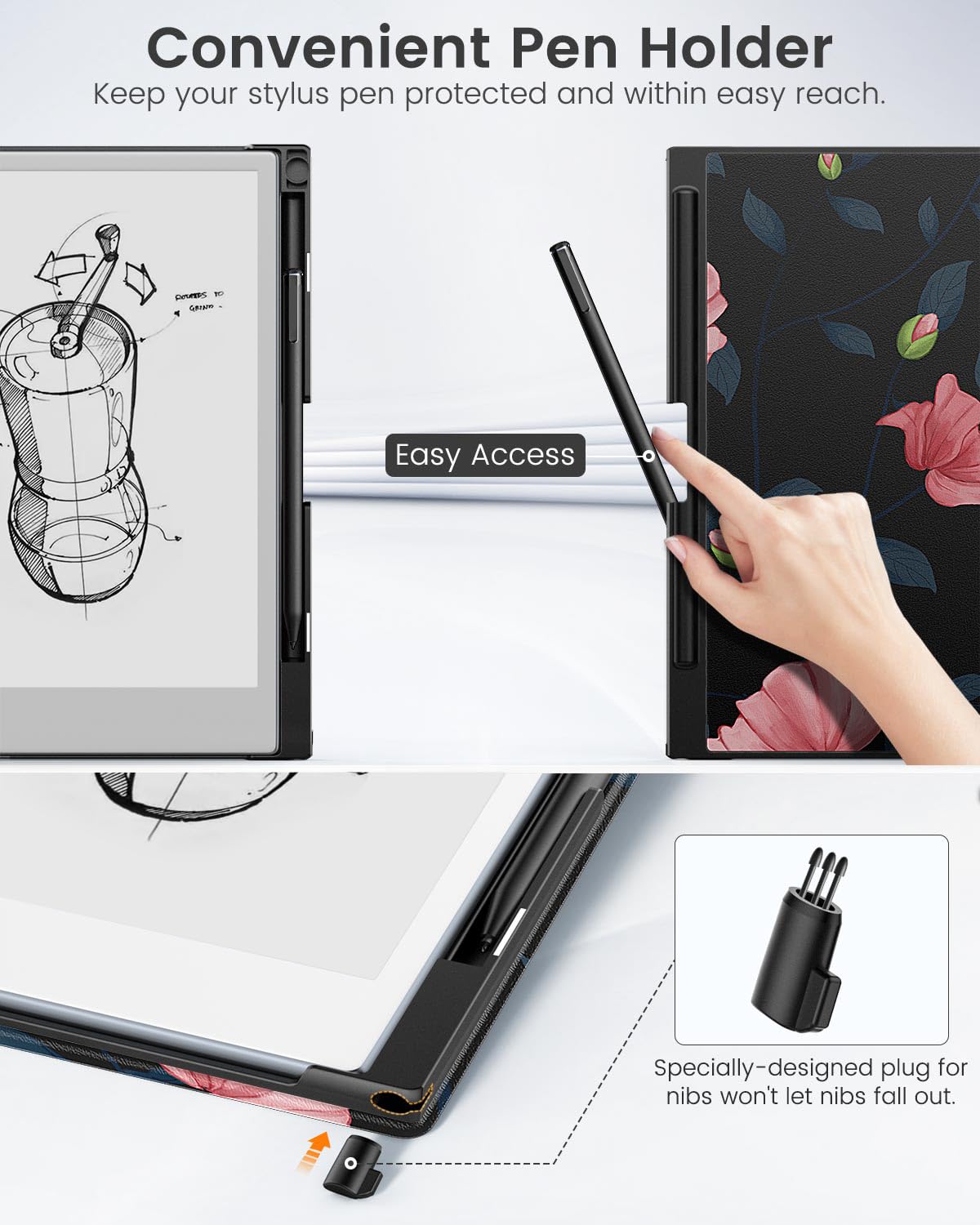 MoKo for Remarkable 2 Case, Lightweight and Hard Back Shell Protective Case with Built in Pen Holder, Smart Tablet Cover Folio for Remarkable 2 Tablet 10.3' 2020 Release, Black & Pink