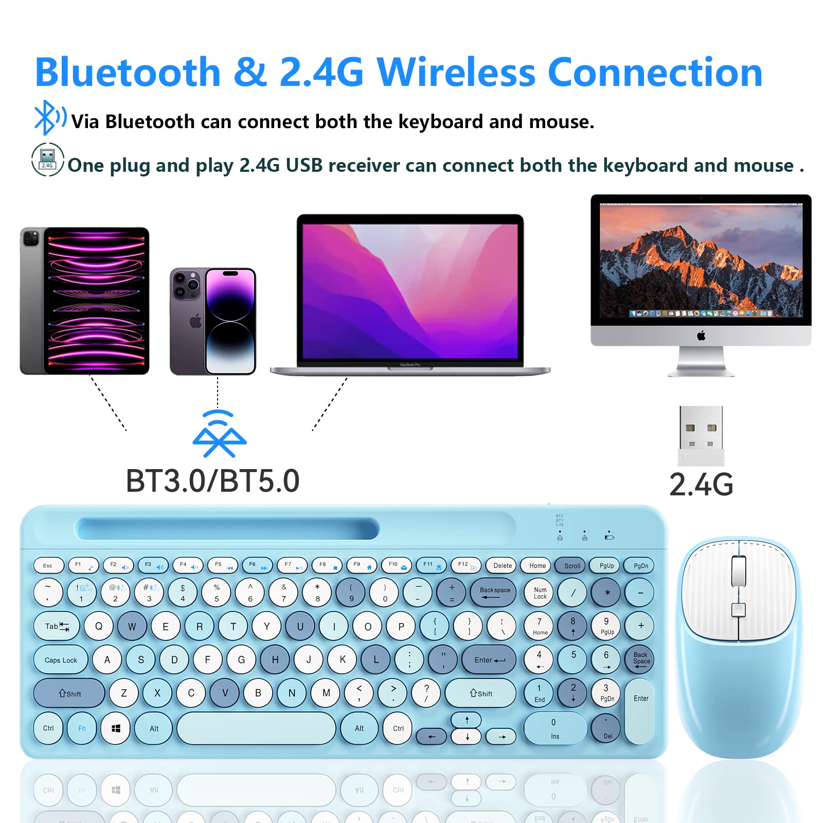 Bluetooth Keyboard And Mouse Wireless, Multi Device Rechargeable Keyboard And Mouse Combo With Phone Holder (Bluetooth 5.0+3.0+2