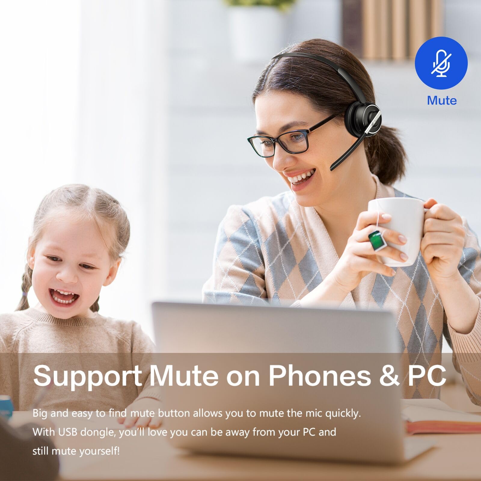Bluetooth Headset, Wireless Headset With Microphone For Pc, V5.2 Computer Headset With Noise Cancelling Mic, Usb Dongle, Chargin