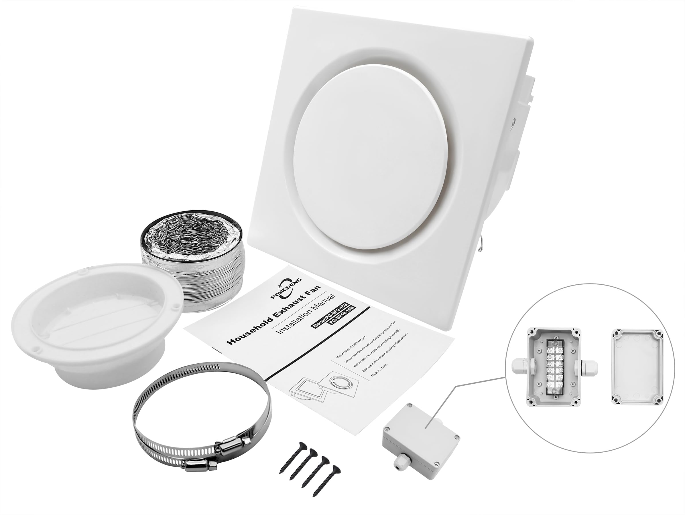 Powereng Bathroom Fan Ultra Quiet Bathroom Ventilation, Exhaust Fan,123Cfm 0.7 Sones 40W,4 Inch Duct Collar,White,9 Inch Opening