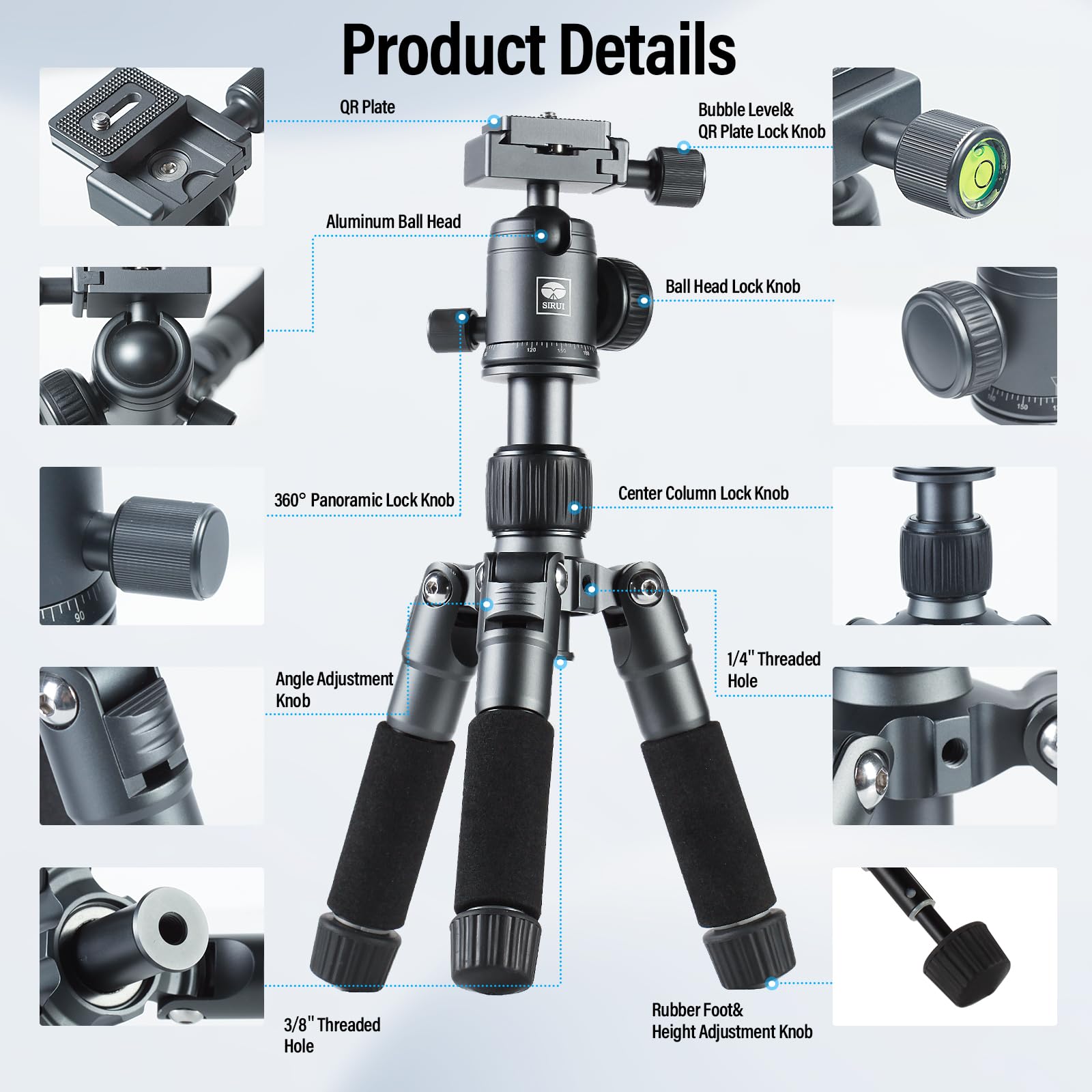 Sirui Compact Mini Desktop Tripod, 20' Aluminum Portable Small Tabletop Tripod Stand With 360� Ball Head For Dslr, Camera, Phone, Loaded Up To 22Lbs, Phone Holder Included, Am Tt50