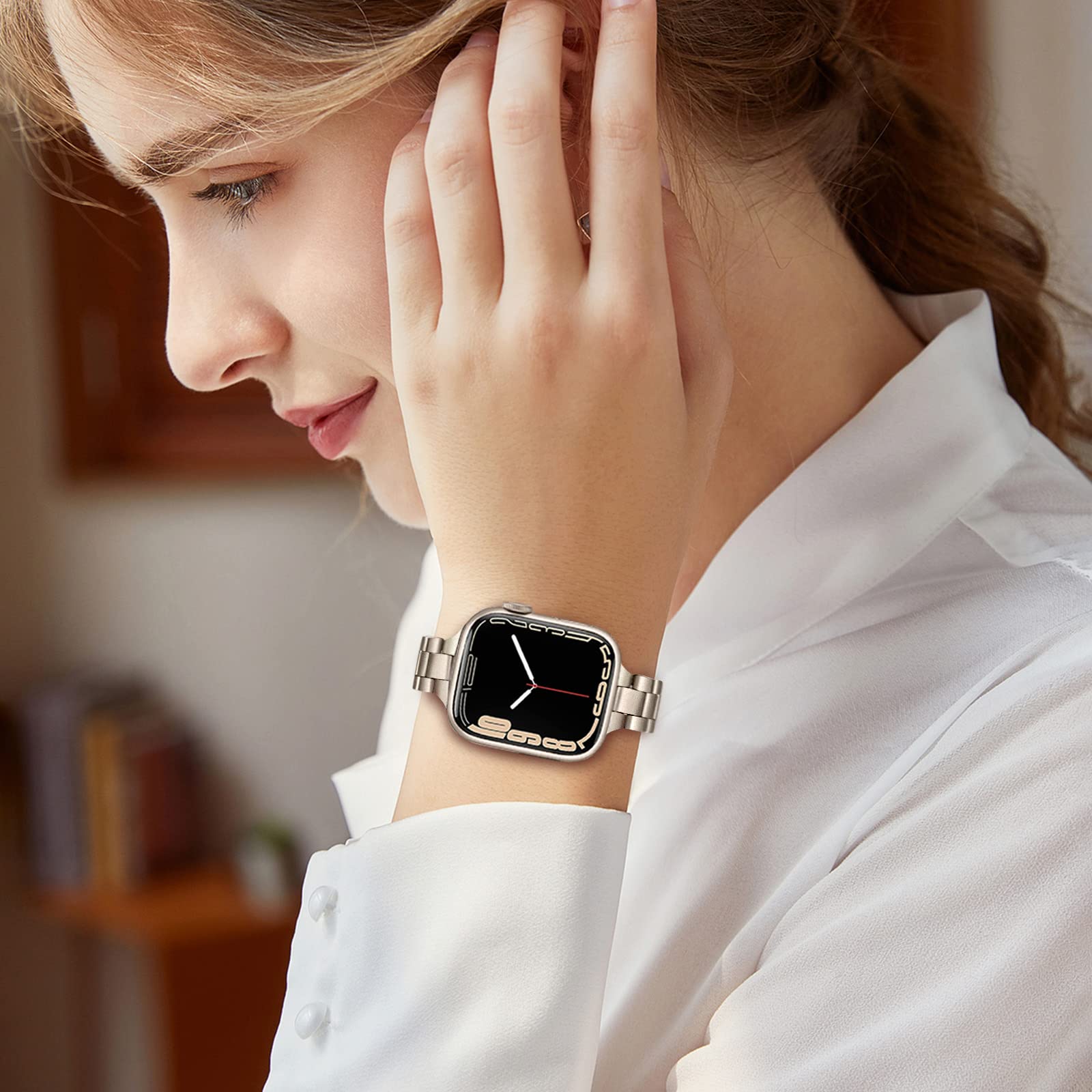 Trumirr Band For Apple Watch Series 8 7 41Mm Starlight Women, Slim Stainless Steel Watchband Feminine Strap Replacement For Iwat