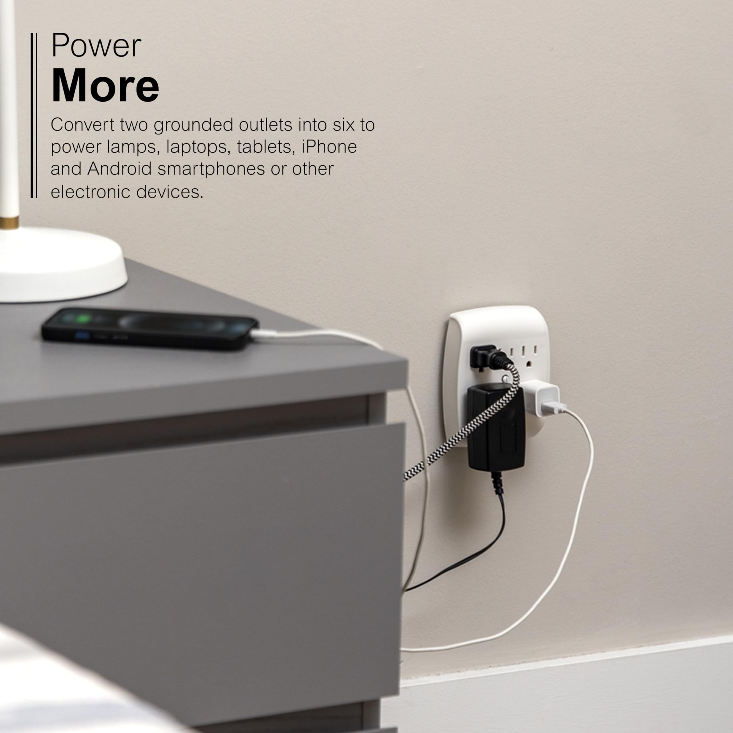 Ge 6 Outlet Extender Wall Tap, 5 Pack, Grounded Adapter, Charging Station, 3 Prong, Secure Install, Ul Listed, White, 54853