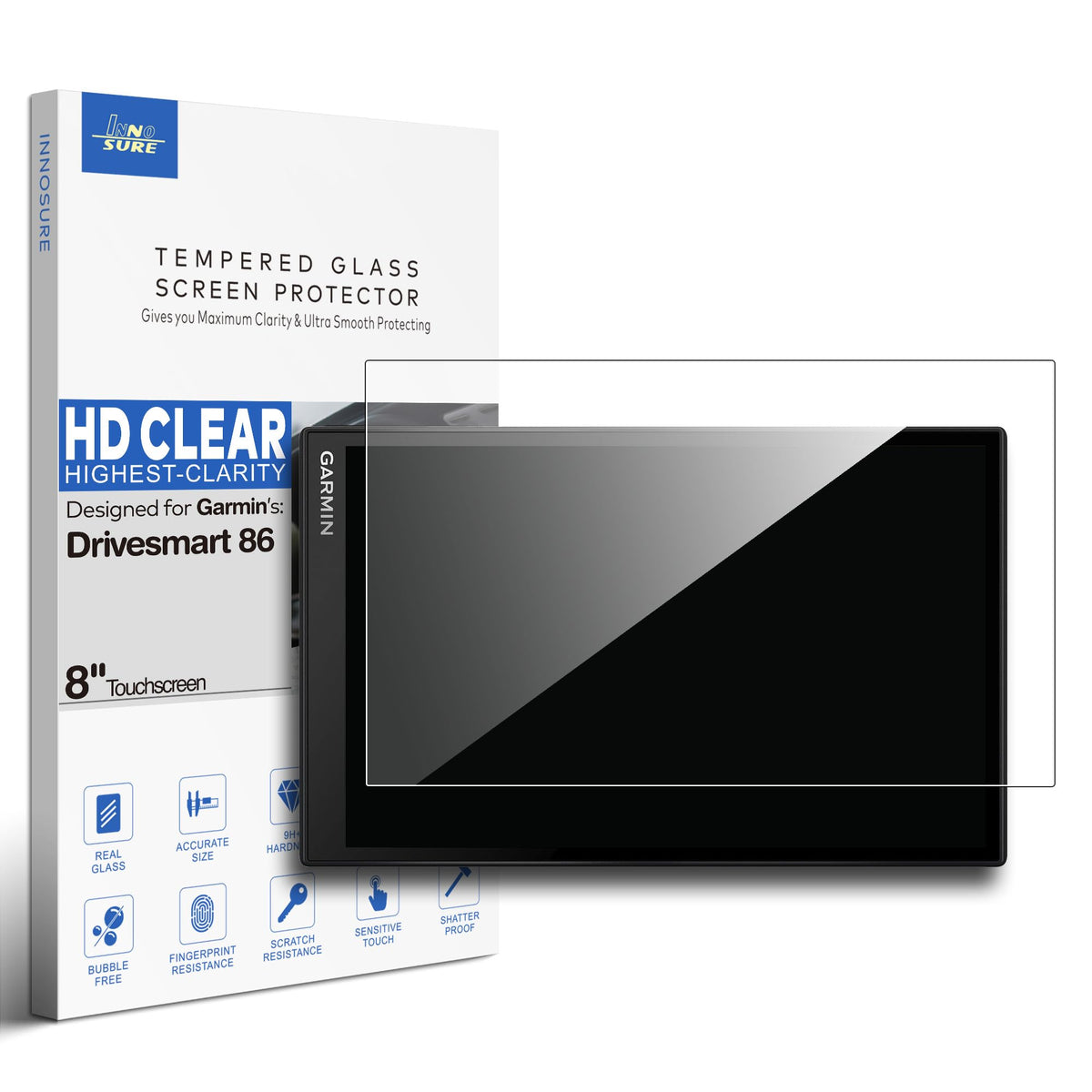 Innosure Premium Tempered Glass Screen Protector For Garmin Drivesmart 86 Gps Navigator 8 Inch Touchscreen Anti Finger Print (Hd Clear)