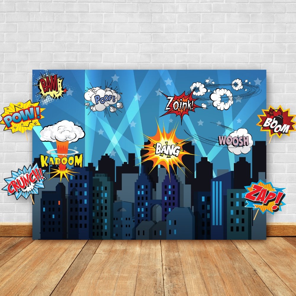 Superheroes Theme Party Photography Backdrop With Prop, Flag & Mask. Super Hero Cityscape Photo Booth Background For Kids Party,