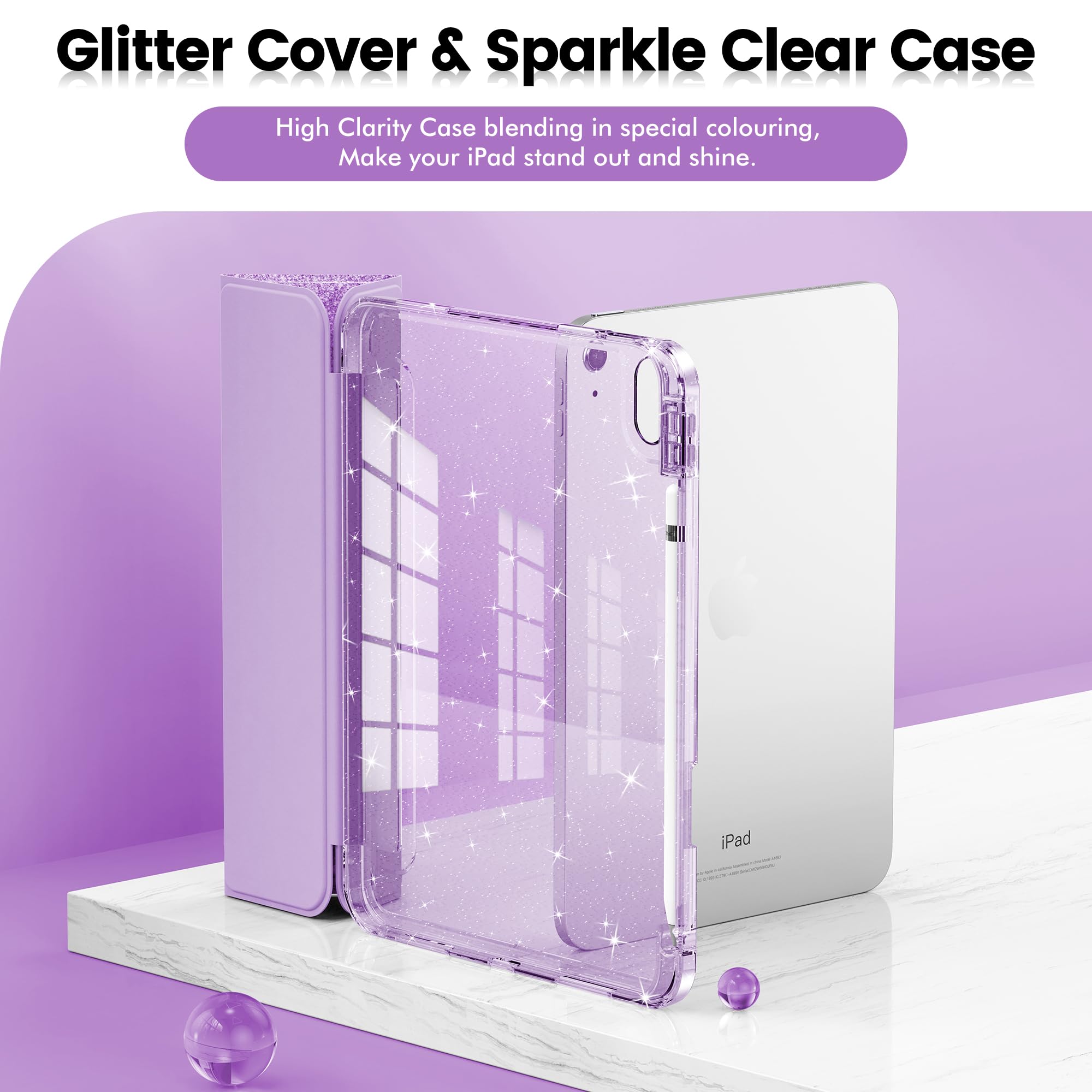 Infiland Compatible With Ipad 10Th Generation Case, Ipad Case 10Th Generation 10.9 Inch, Glitter Leather Cover With Sparkly Crystal Clear Back, Pencil Holder, Anti Yellowing,Purple