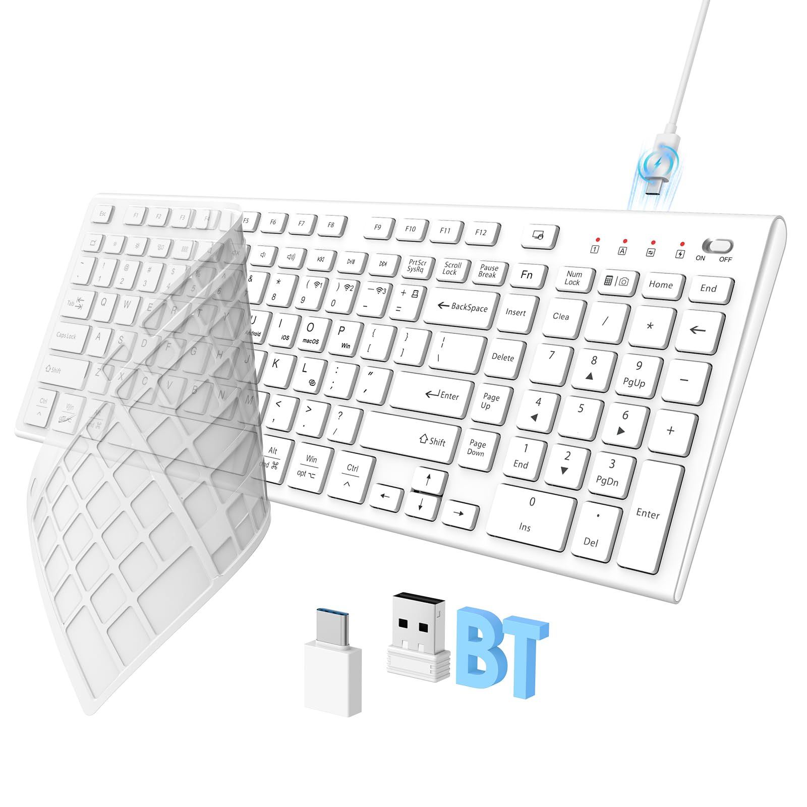 FENIFOX Wireless Keyboard Rechargeable, Bluetooth or 2.4G USB C White