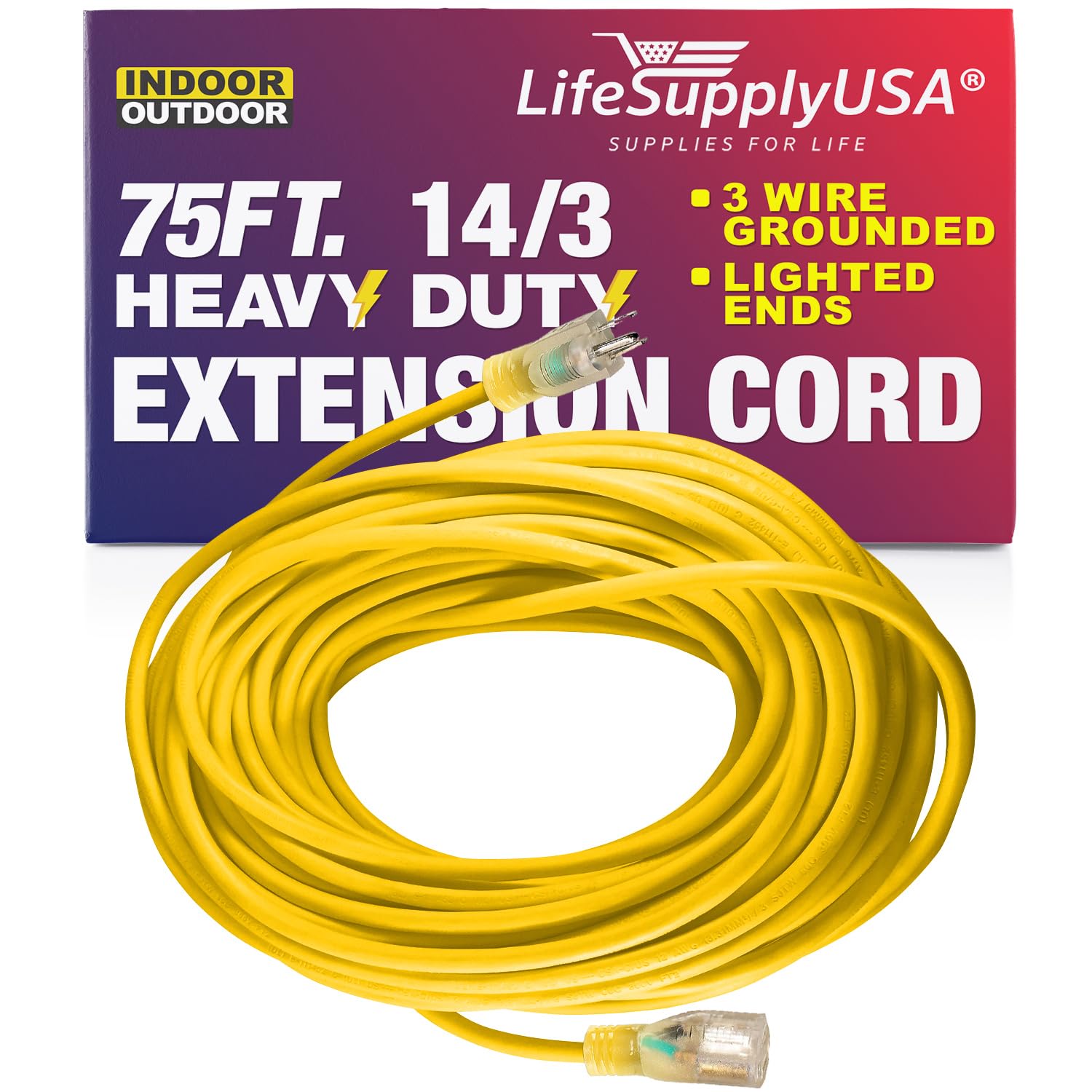 Lifesupplyusa 75 Ft Power Extension Cord Outdoor & Indoor Heavy Duty 14 Gauge/3 Prong Sjtw (Yellow) Lighted End Extra Durability