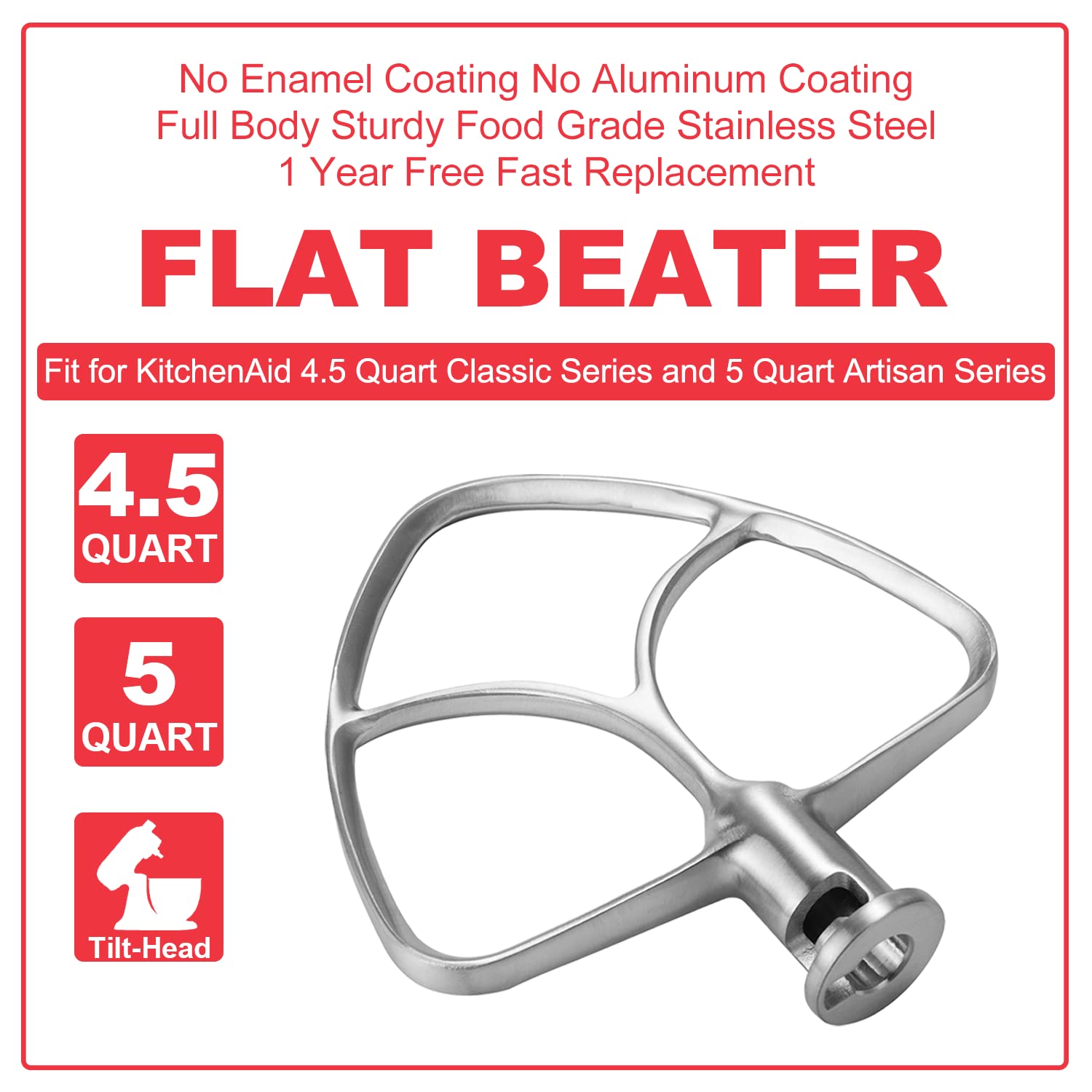 Stainless Steel Flat Beater For Kitchenaid 4.5Qt 5Qt Tilt Head Stand Mixer, Fit For Classic, Classic Plus And Artisan Mixer K45S