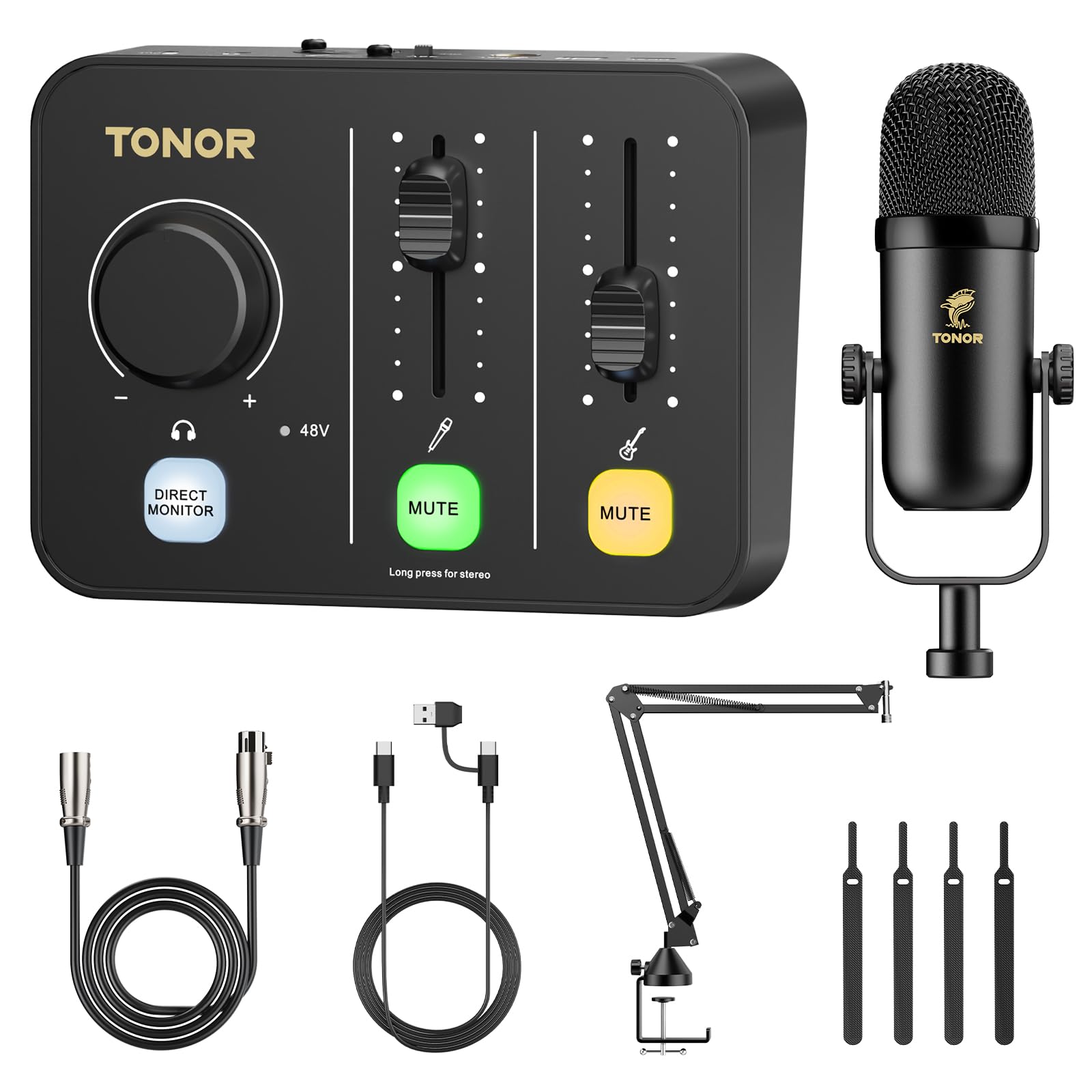 TONOR Podcast Equipment Bundle, Audio Mixer with Dynamic Microphone and Boom Arm Set, XLR Mic with Studio Audio Interface, Desk 