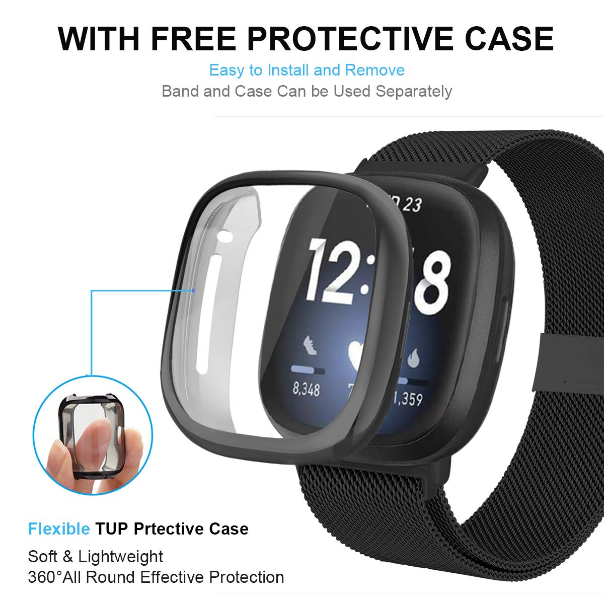 Maxjoy Compatible With Fitbit Sense/Versa 3 Bands, Versa3 Stainless Steel Metal Band Mesh Replacement Bracelet Wristband With Pr