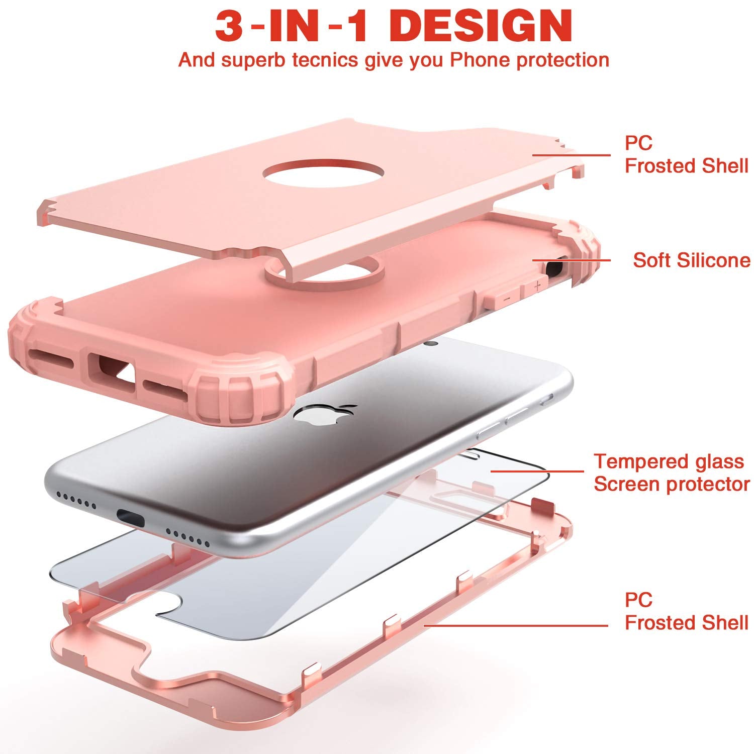 IDweel iPhone SE 2020 2022 Case 3-in-1 Shock Absorption Hard PC Soft Silicone Full Body Rose Gold with Tempered Glass