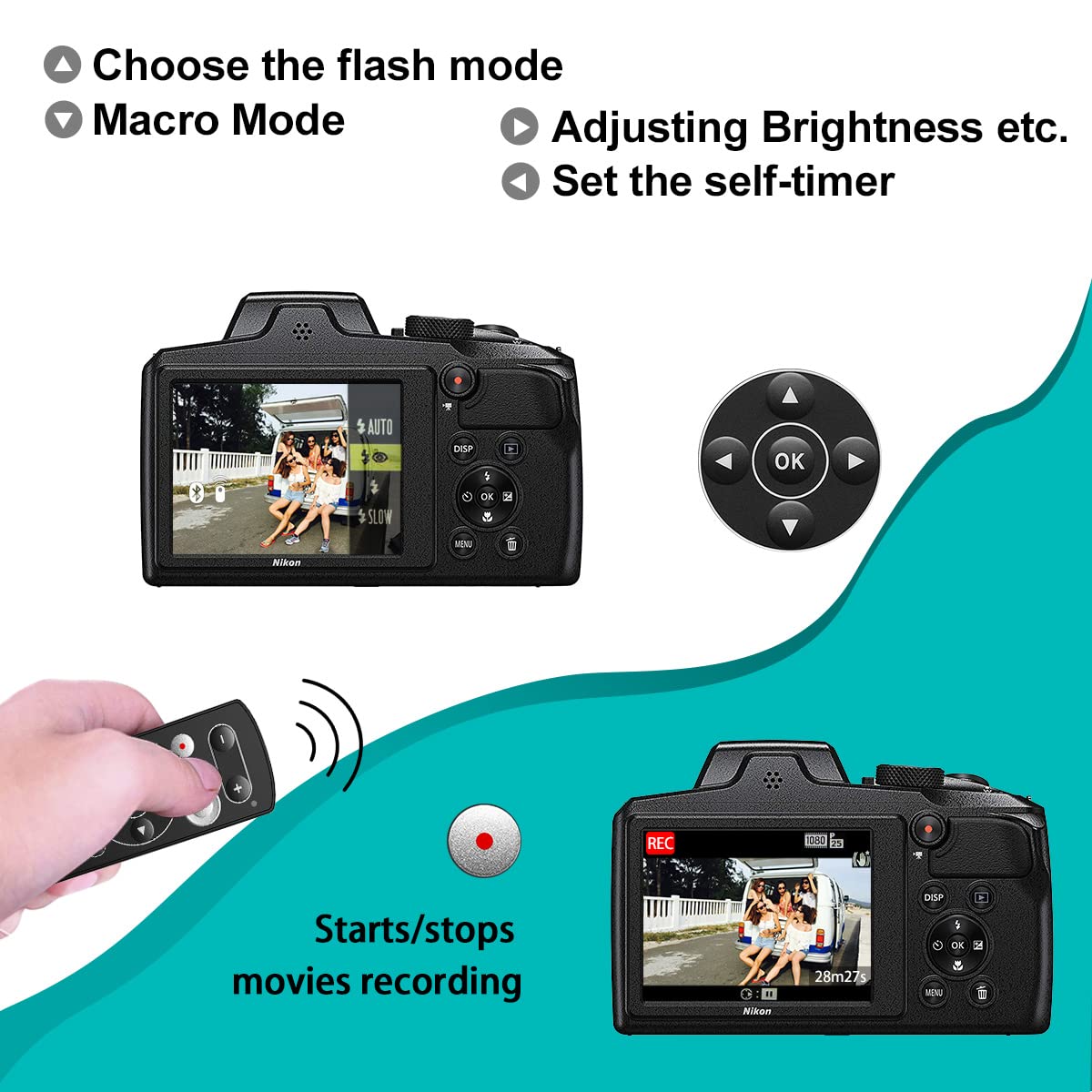 Aodelan Wireless Camera Remote Control Remote Shutter Release For Nikon Zfc, Z50, P1000, B600, A1000, P950; Replaces Nikon Ml L7