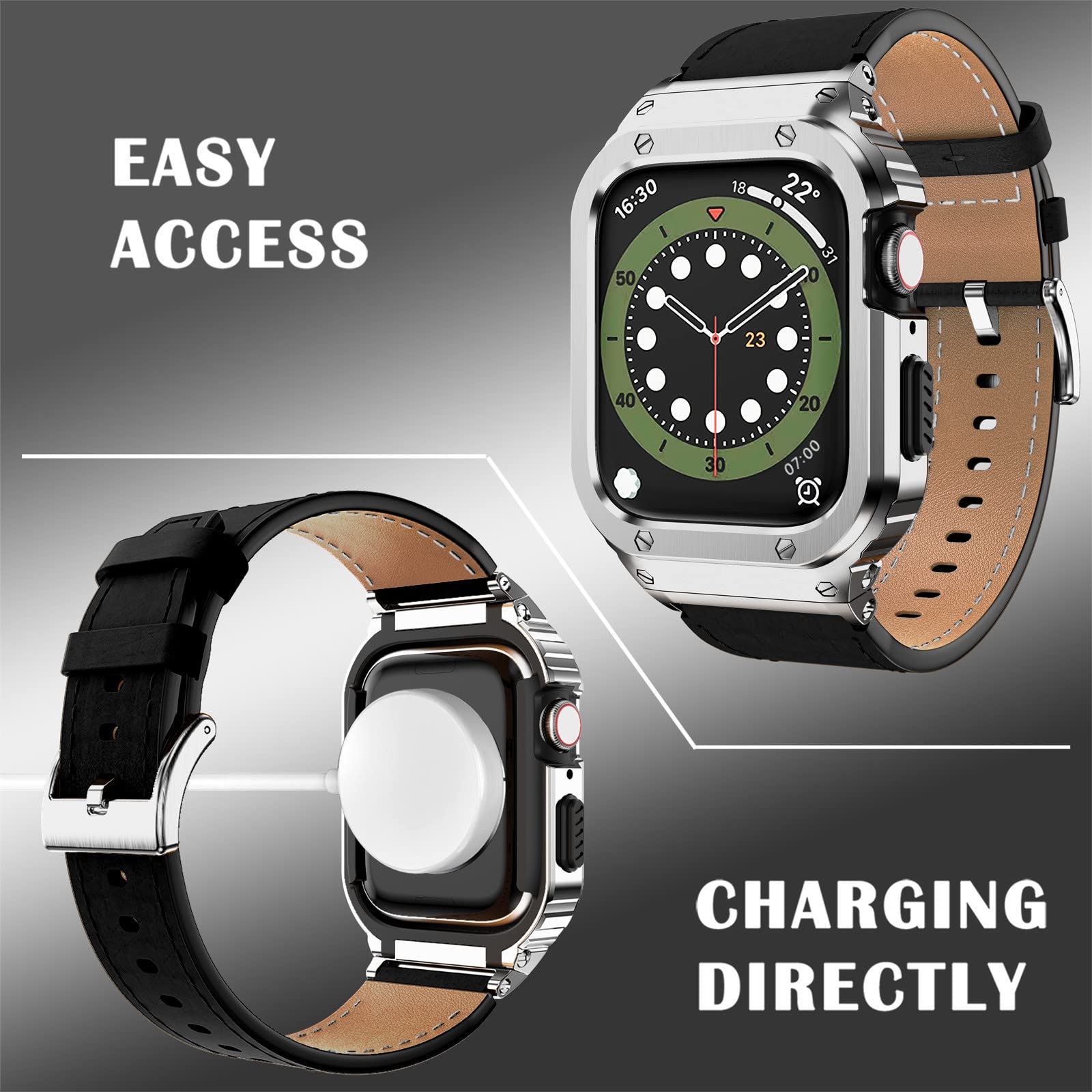 Suplink Stainless Steel Case And Bands Compatible With Apple Watch Bands 45Mm,Leather Strap Rugged Cover For Iwatch Bands Series