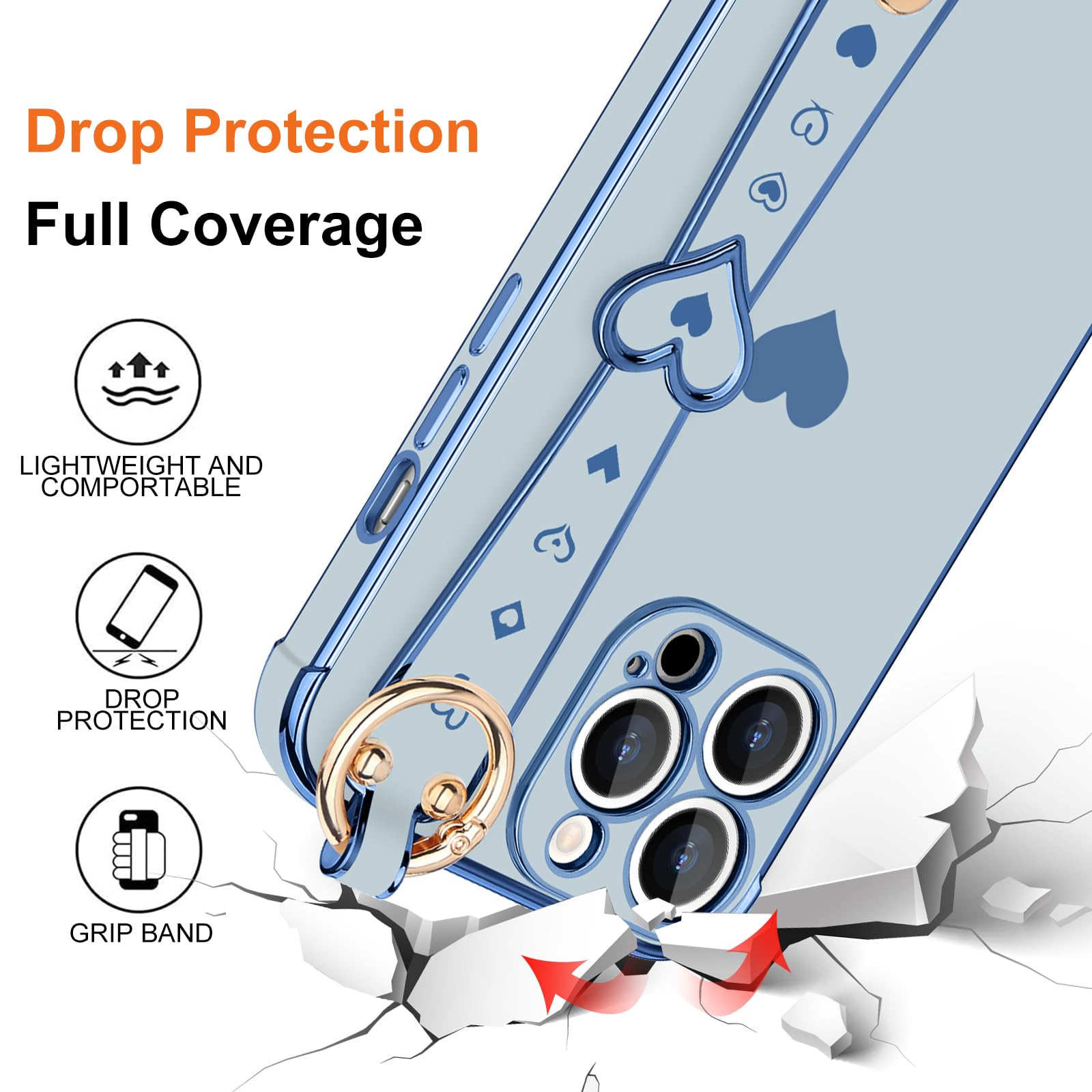 Llz.Coque For Iphone 13 Pro Max Case Cute Love Heart Plating Strap Phone Cover For Women Girls Bling Silicone Camera Lens Protec