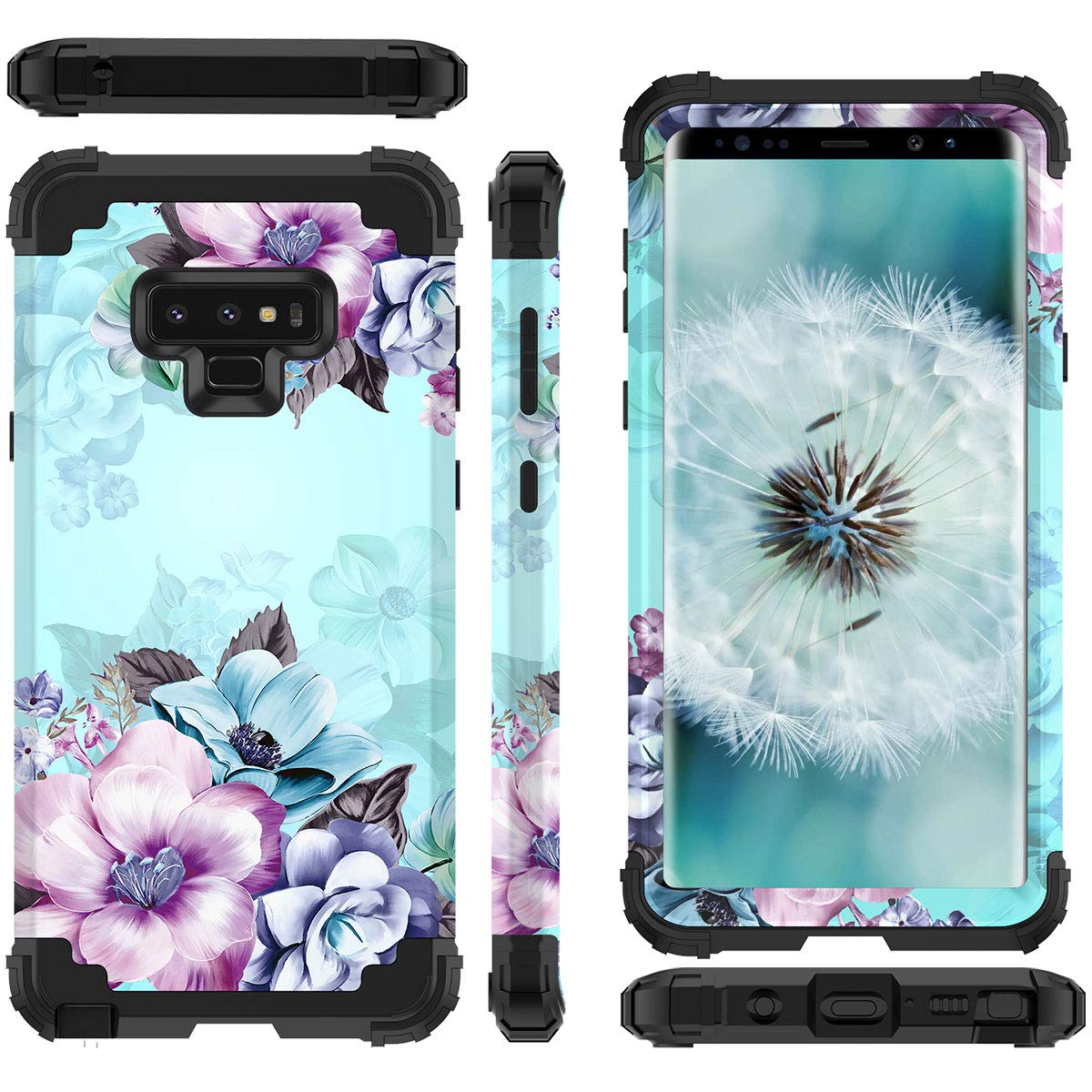 Casetego Compatible With Galaxy Note 9 Case,Floral Three Layer Heavy Duty Sturdy Shockproof Full Body Protective Case For Samsung Galaxy Note 9,Blue Flower