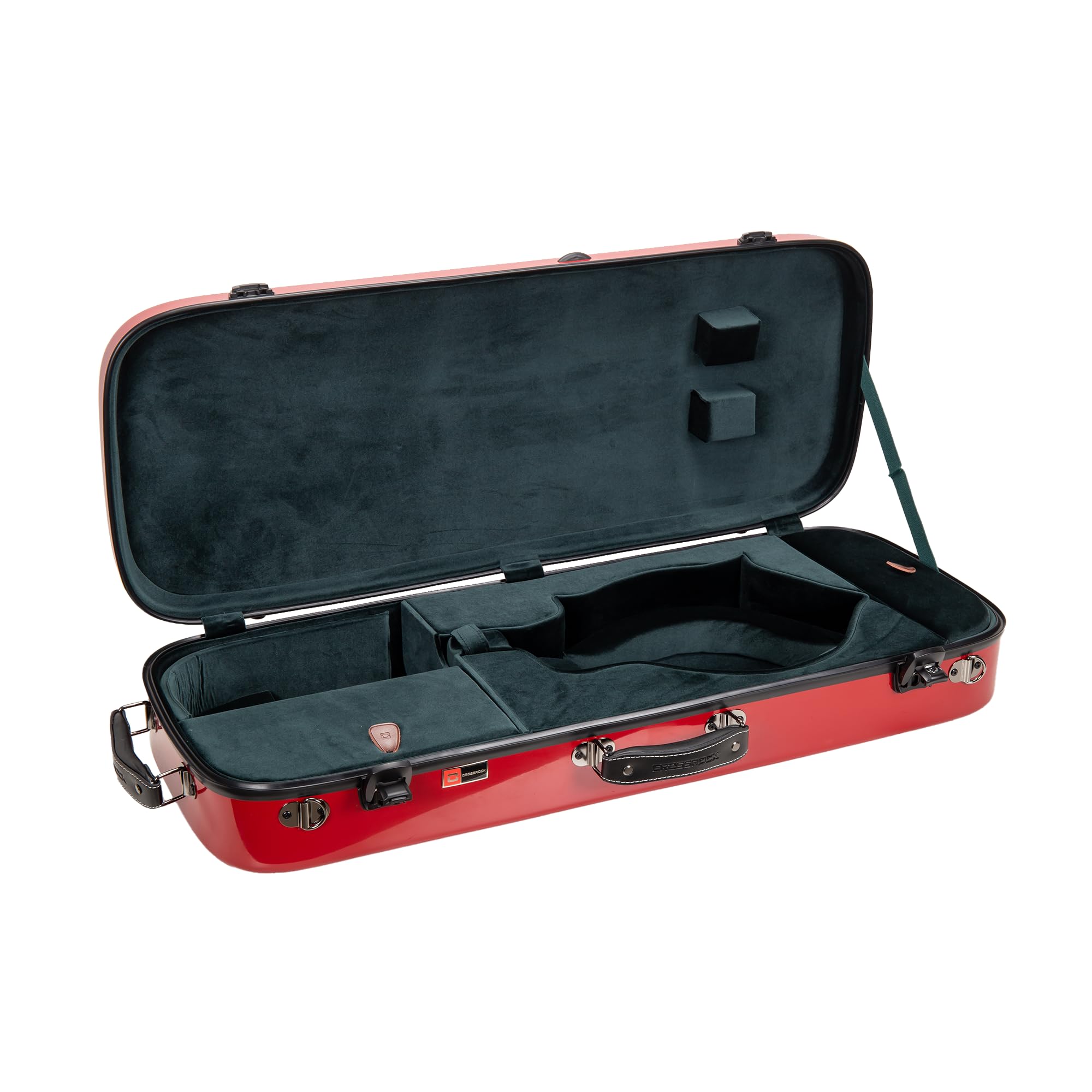 Crossrock Fiberglass Mandolin Case - Oblong For F-Style (Fits Gibson F5) | Red Gloss Finish, Forest Green Velvet, Tsa Lock, Hygr